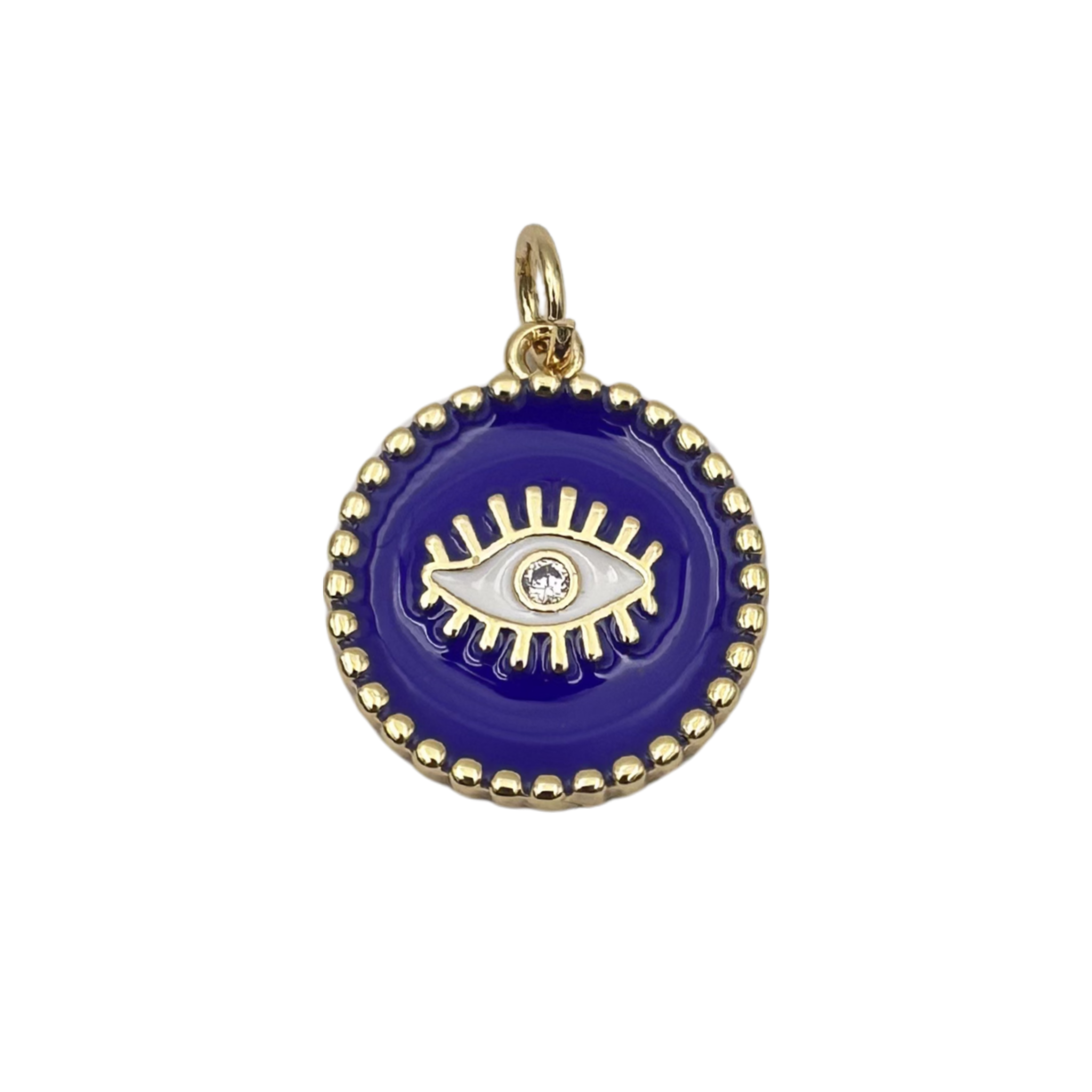 Purple enamel evil eye medallion charm with diamond center, lash detail, and gold beaded border by HOLST+LEE