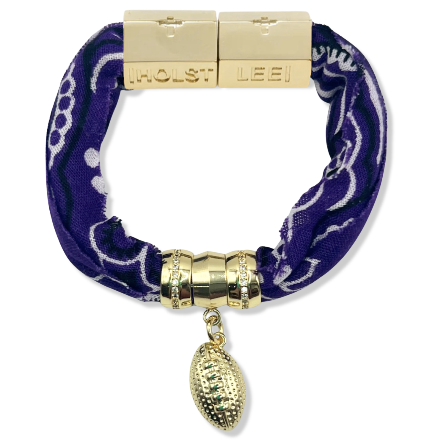 Purple bandana print fabric bracelet with magnetic clasped bracelet, pavé ferrule, and 18K gold-filled football charm by HOLST+LEE
