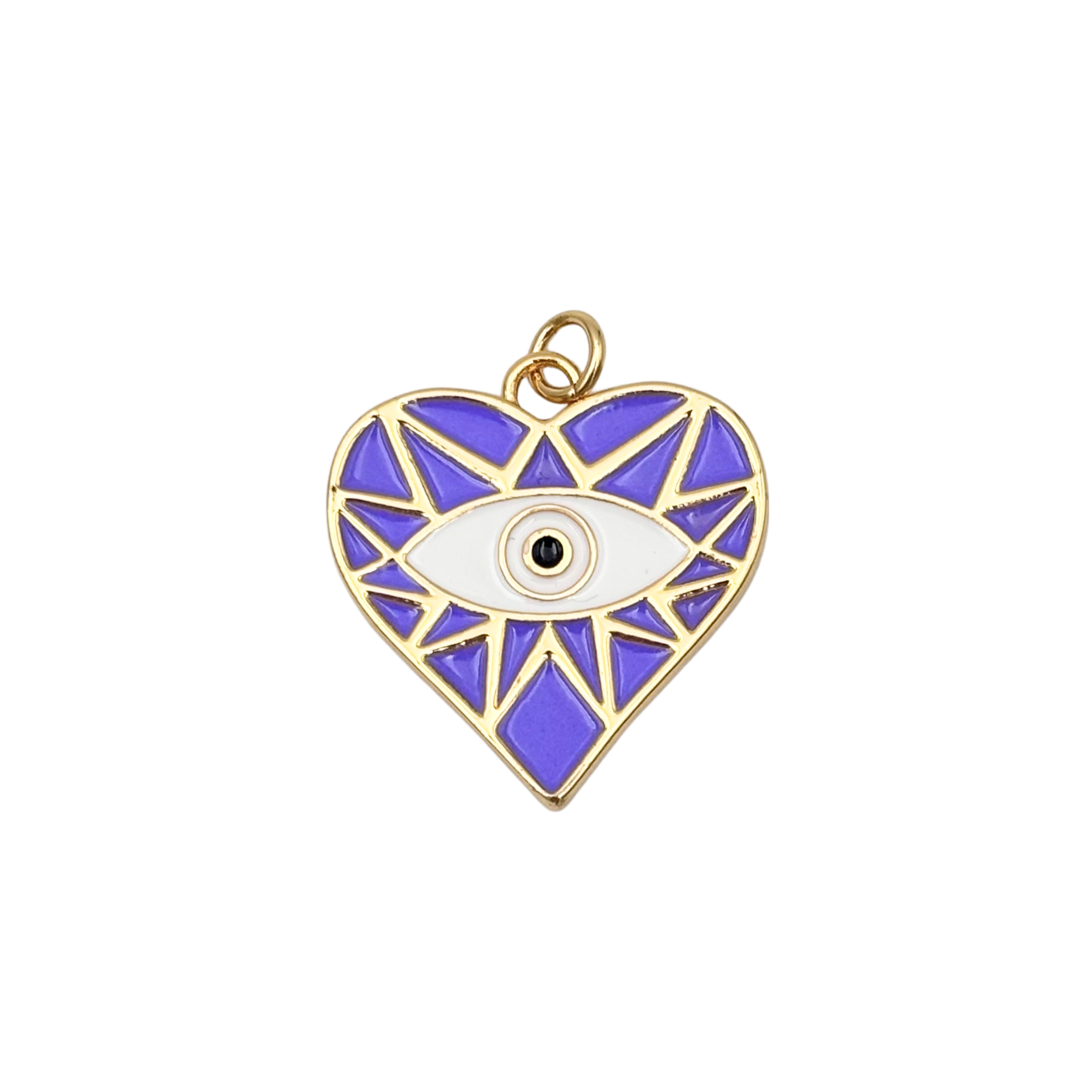 Gold-rimmed purple geometric enamel heart charm with central white evil eye motif
