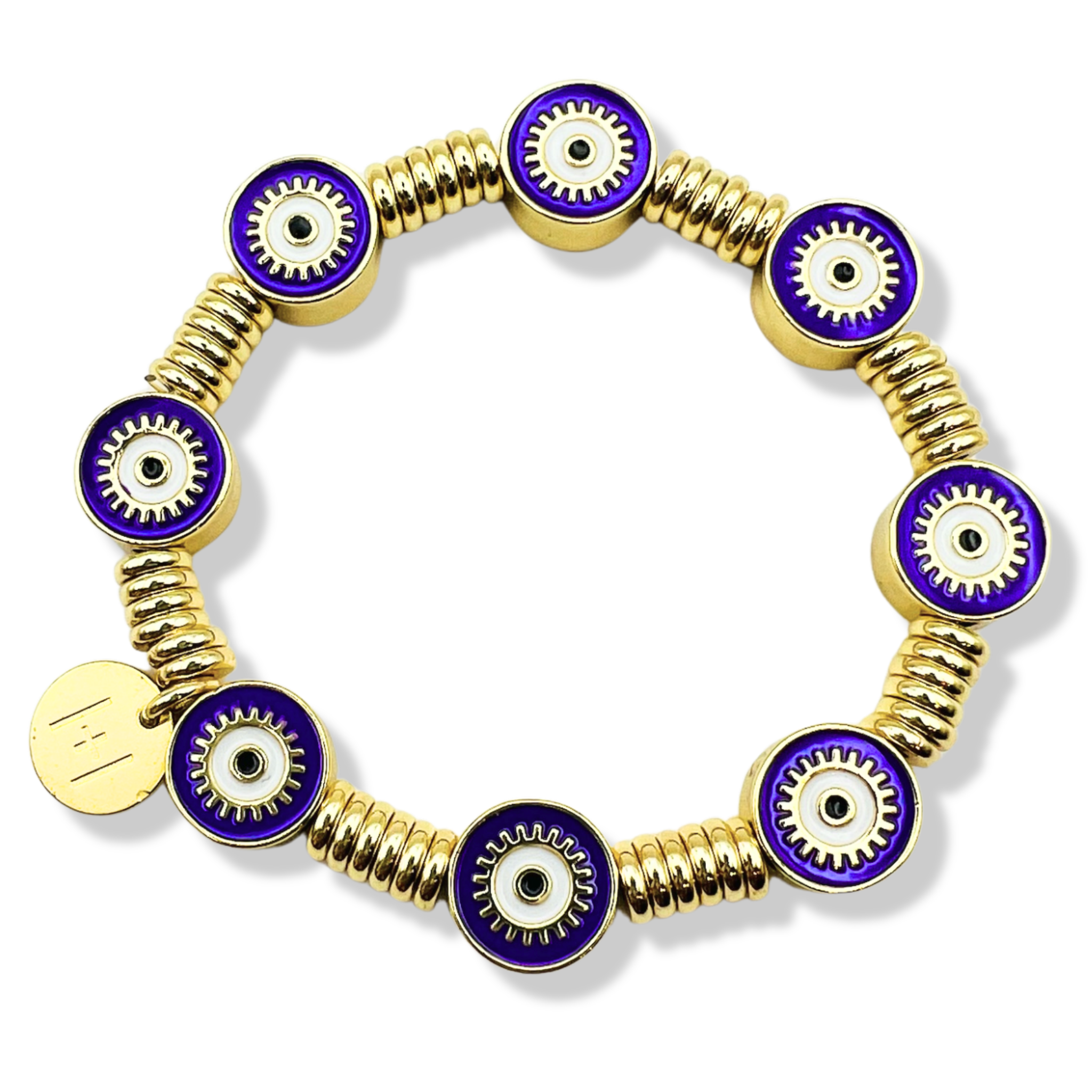 White and gold evil eye bracelet with purple enamel eye beads, gold rondelle spacers by HOLST LEE