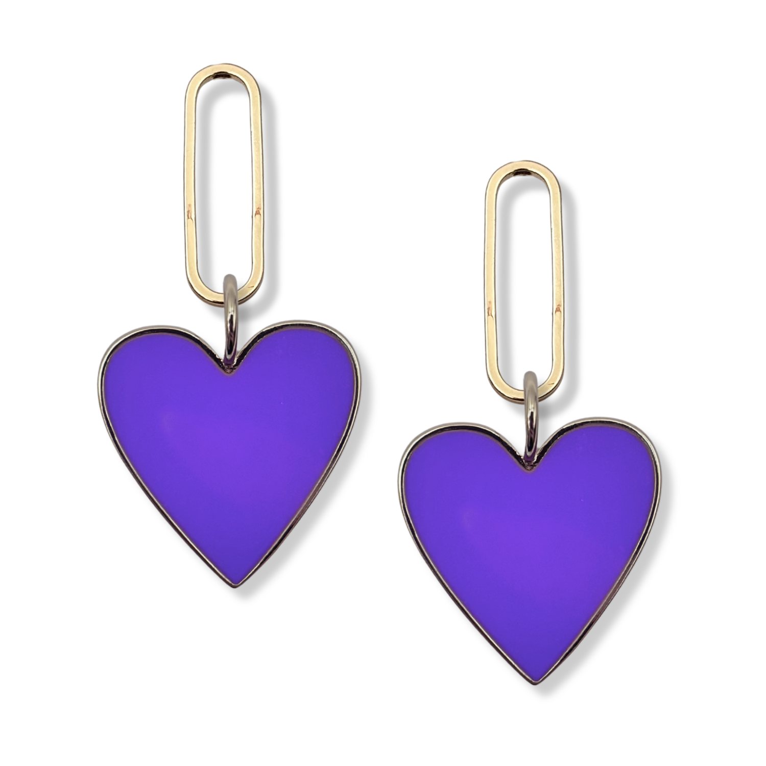 Purple enamel heart dangle earrings with gold paperclip oval link topper by HOLST+LEE