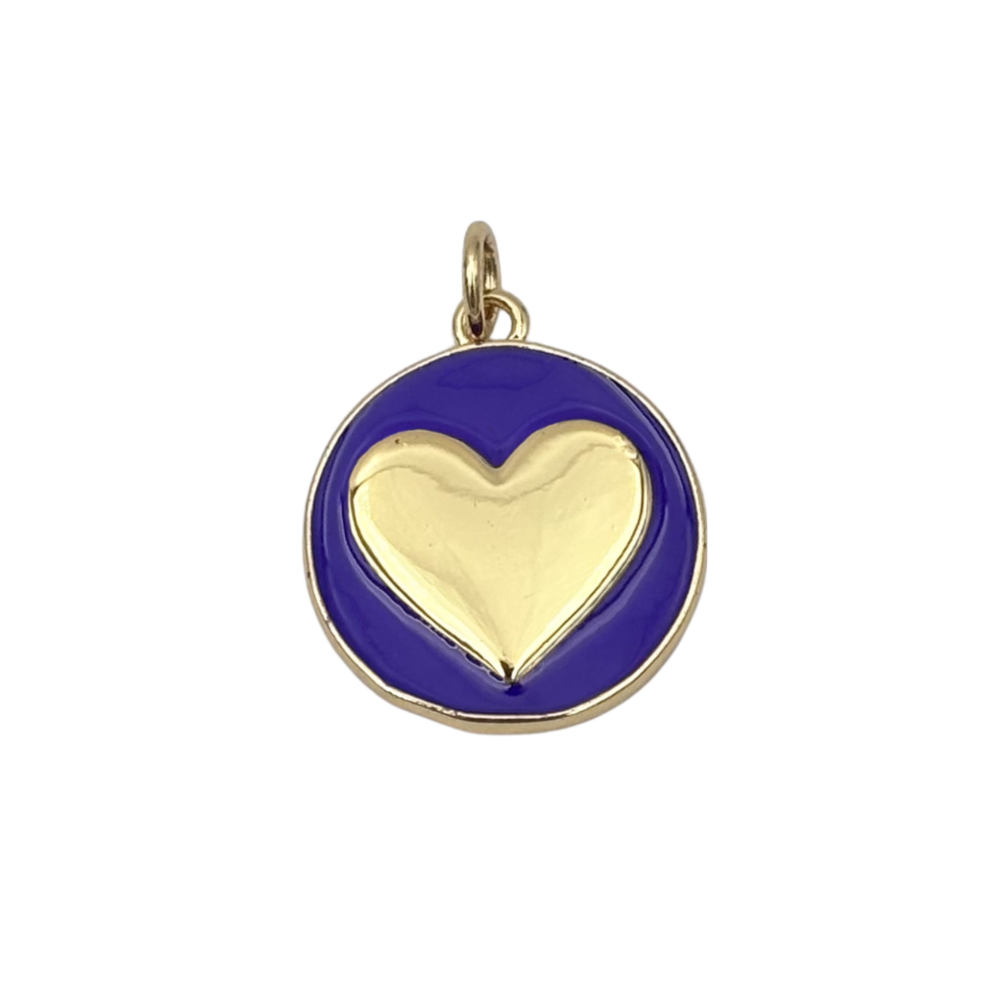 Gold round medallion charm with purple enamel face, raised polished gold heart by HOLST+LEE