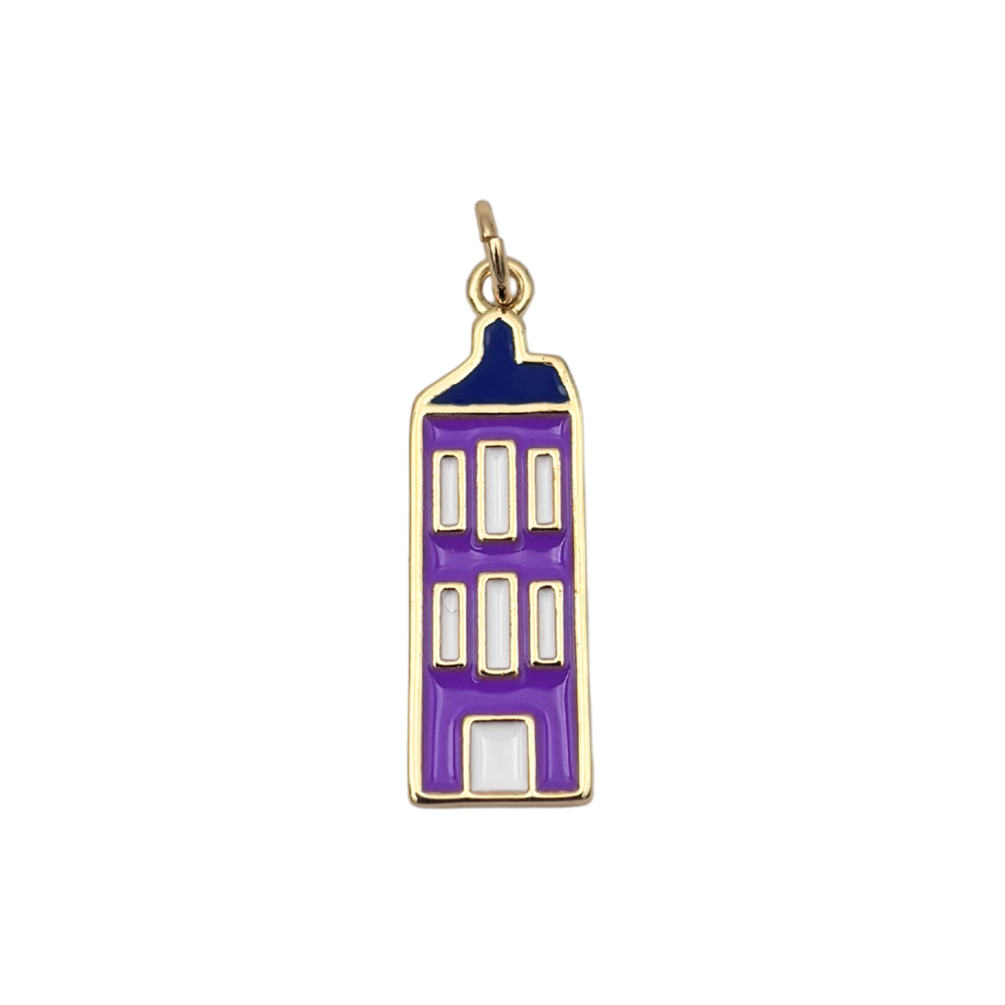 Purple and navy enamel city building charm with gold frame and white window details by HOLST+LEE