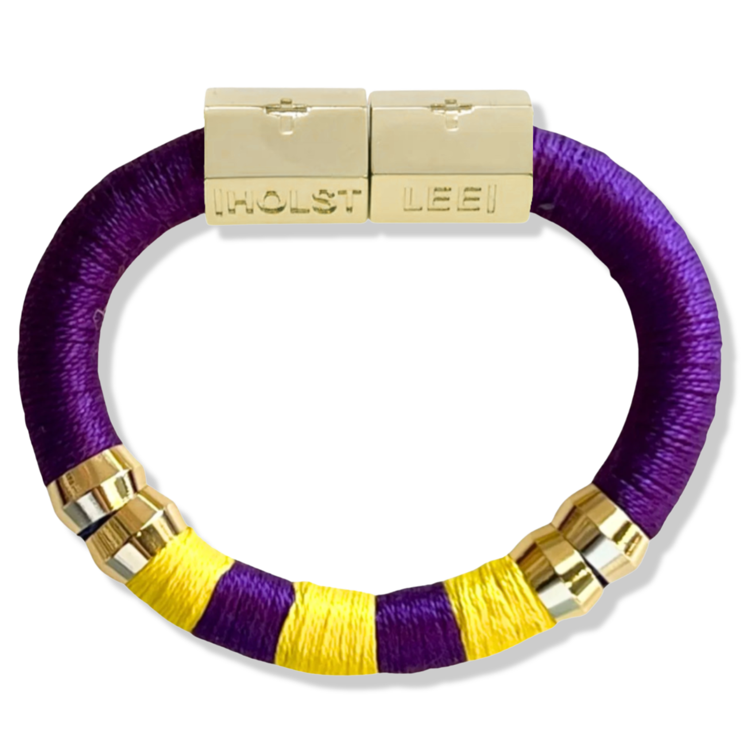 Purple and gold colorblock thread wrapped bracelet with 18K gold-filled magnetic clasped bracelet and gold ferrule accents by HOLST+LEE