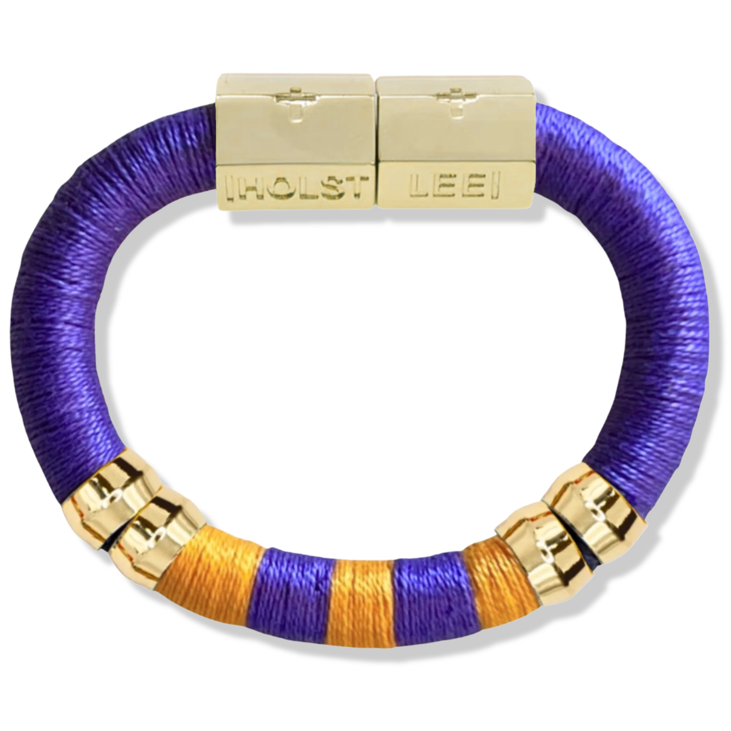 Purple and orange colorblock thread wrapped bracelet with 18K gold-filled magnetic clasped bracelet and gold ferrule accents by HOLST+LEE