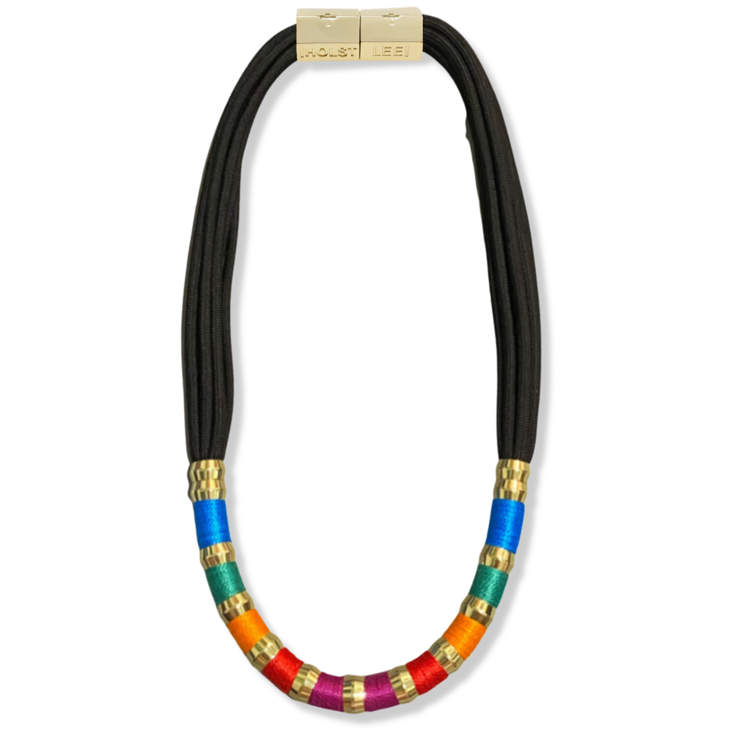 Black paracord necklace and blue, orange, red, green thread wrapping with gold and ferrule accents and gold magnetic clasped necklace by HOLST+LEE