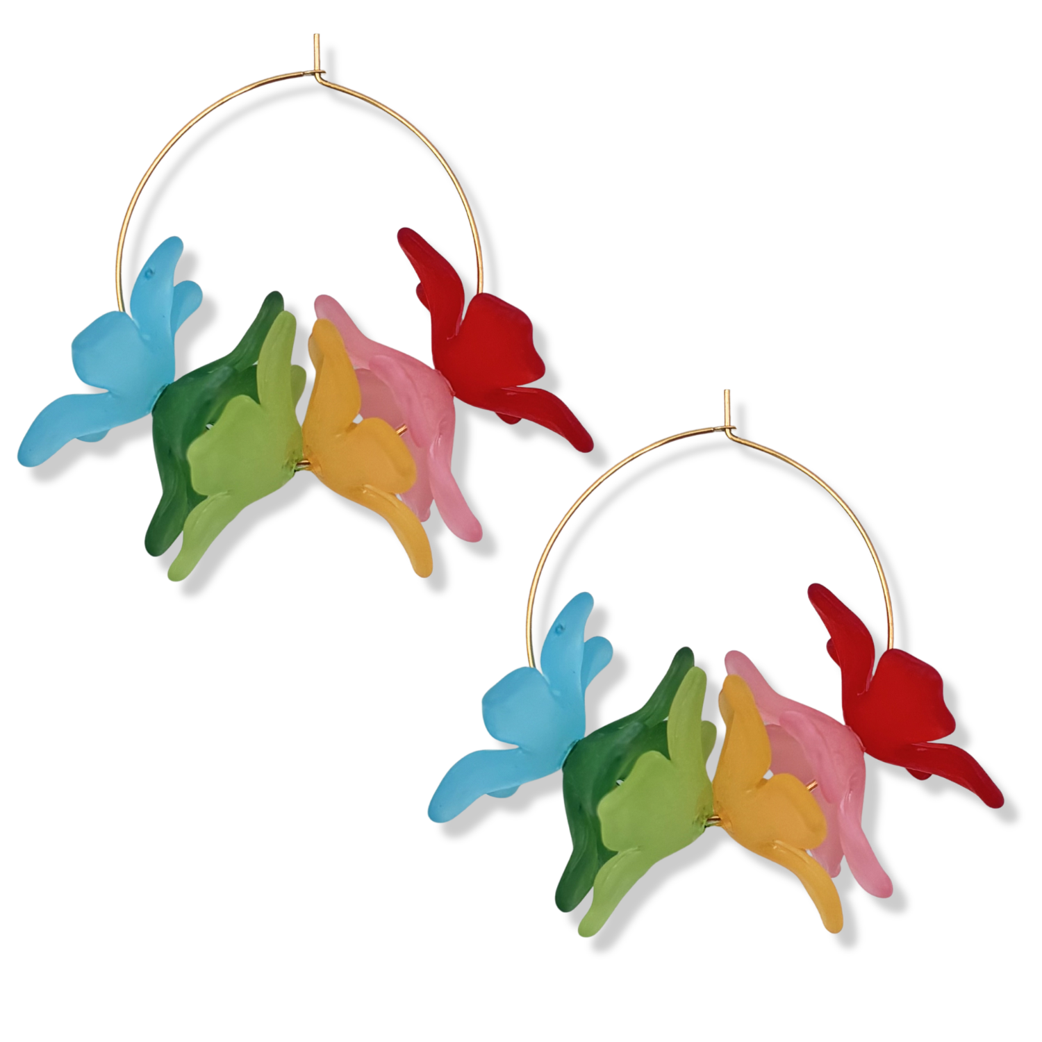 Rainbow resin floral cluster hoop earrings with translucent rainbow orchid-style blooms on a thin gold hoop by HOLST+LEE