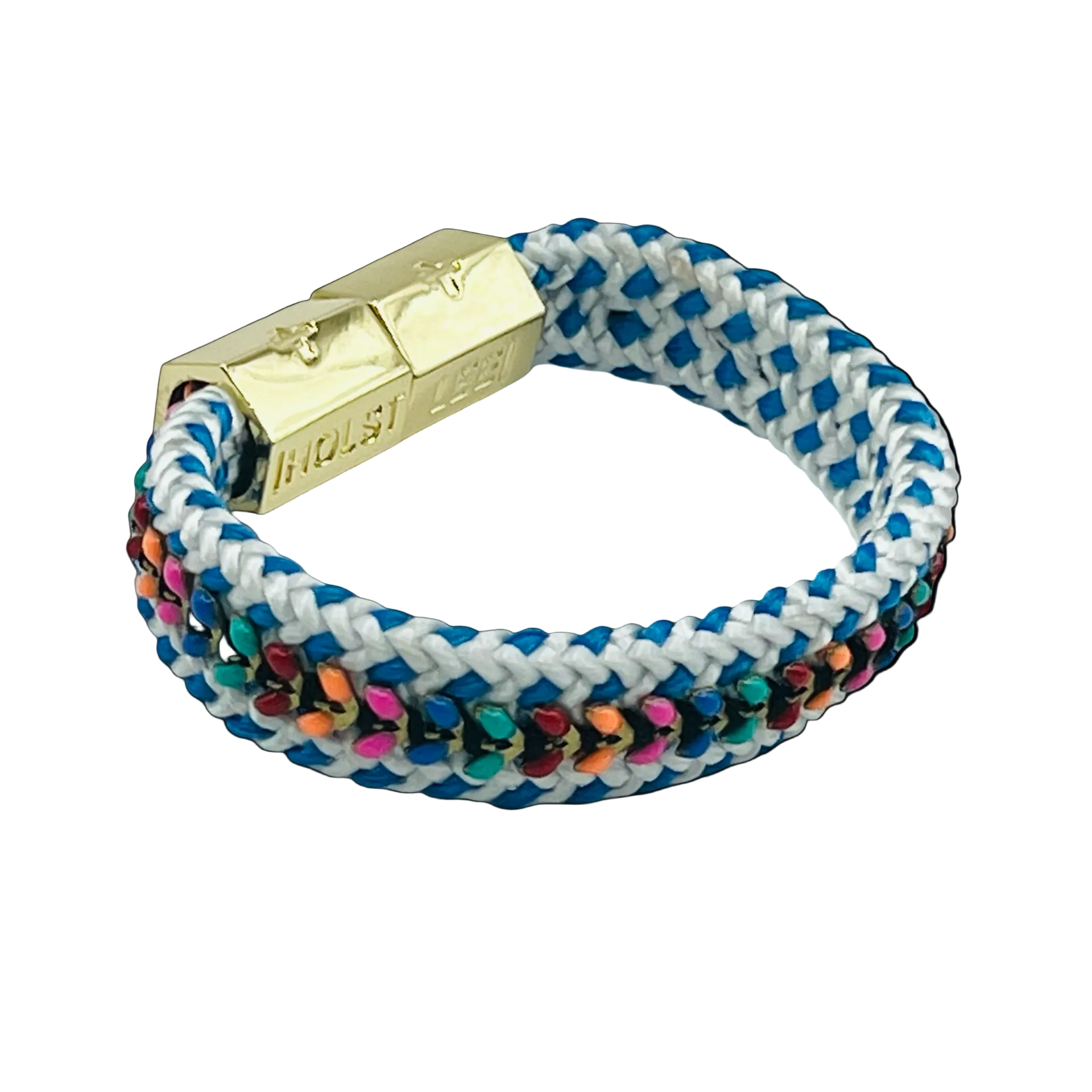 Blue, white, and multicolor jewel tone braided rope bracelet with 18k gold-filled magnetic clasped bracelet by HOLST+LEE