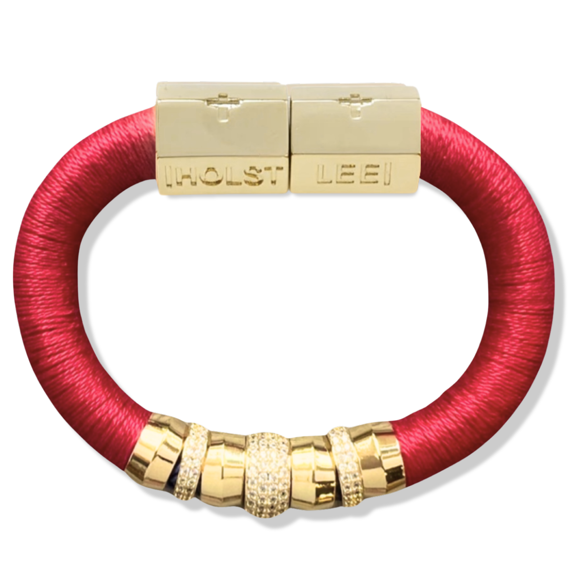 Raspberry red thread wrapped bracelet with 18K gold-filled magnetic clasped bracelet and pavé crystal ferrule stack by HOLST+LEE