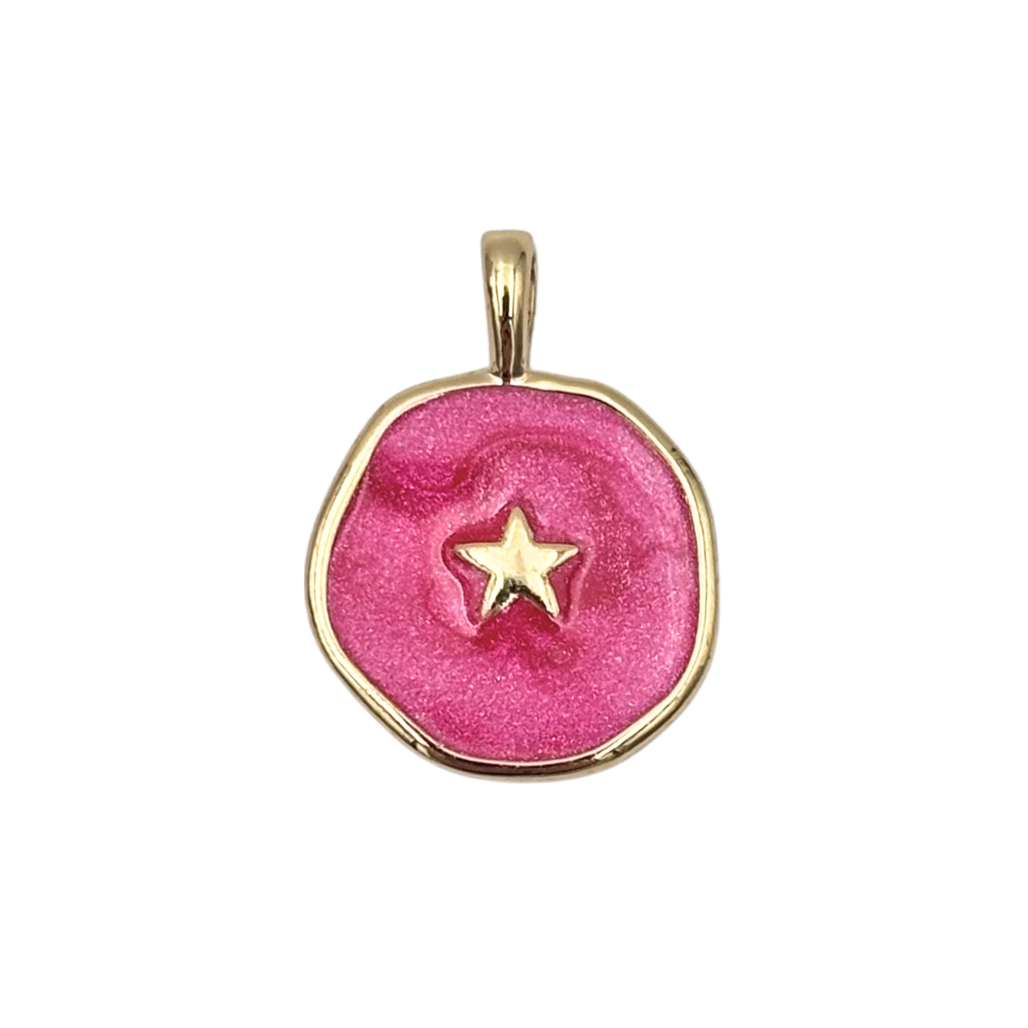 Gold round medallion pendant with swirled raspberry enamel face, raised gold star by HOLST+LEE