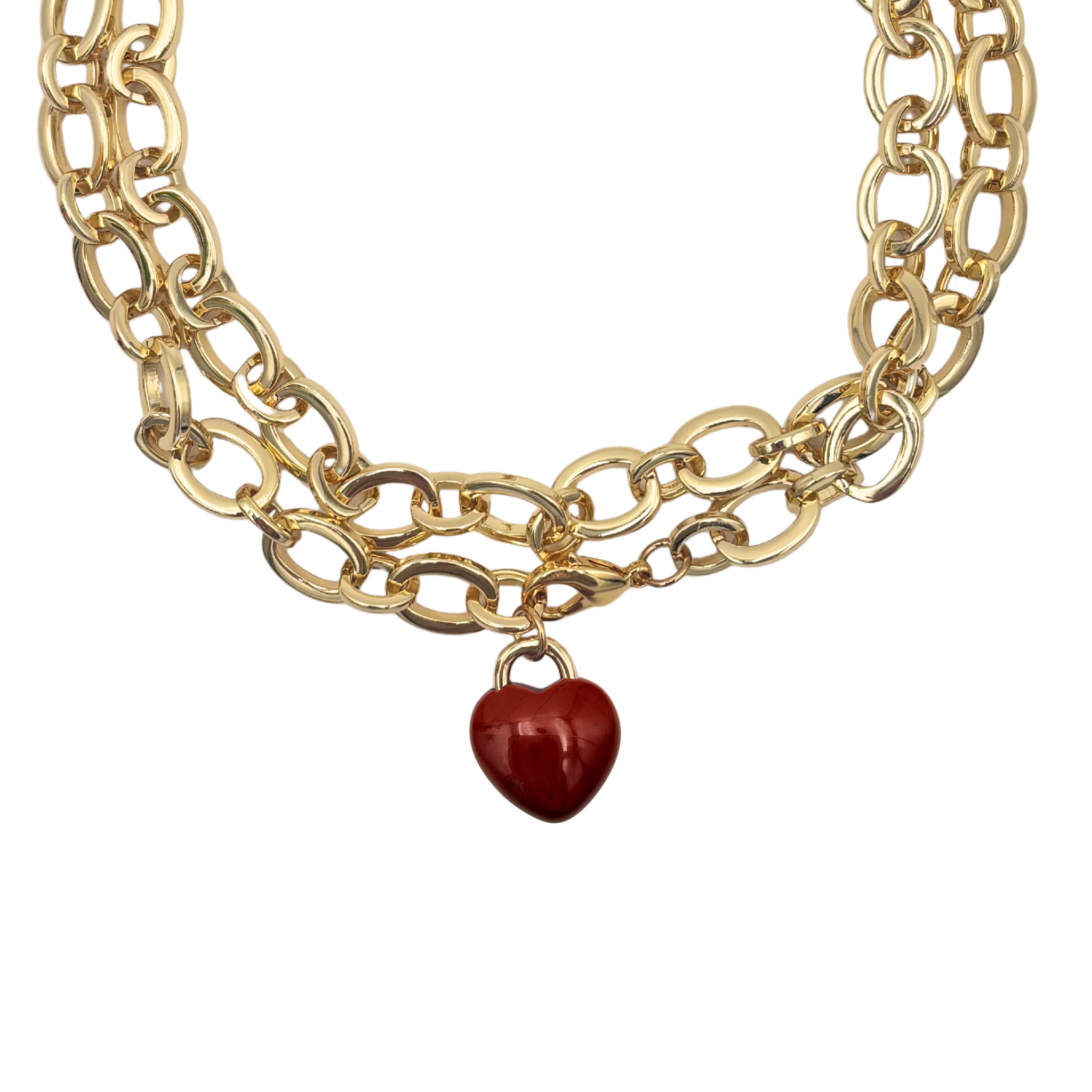 Chunky gold oval chain link necklace with red agate heart pendant by HOLST+LEE