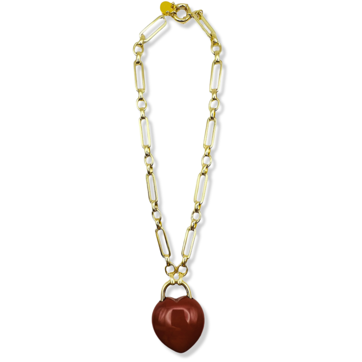 Gold chunky link necklace with large red agate heart pendant by HOLST+LEE