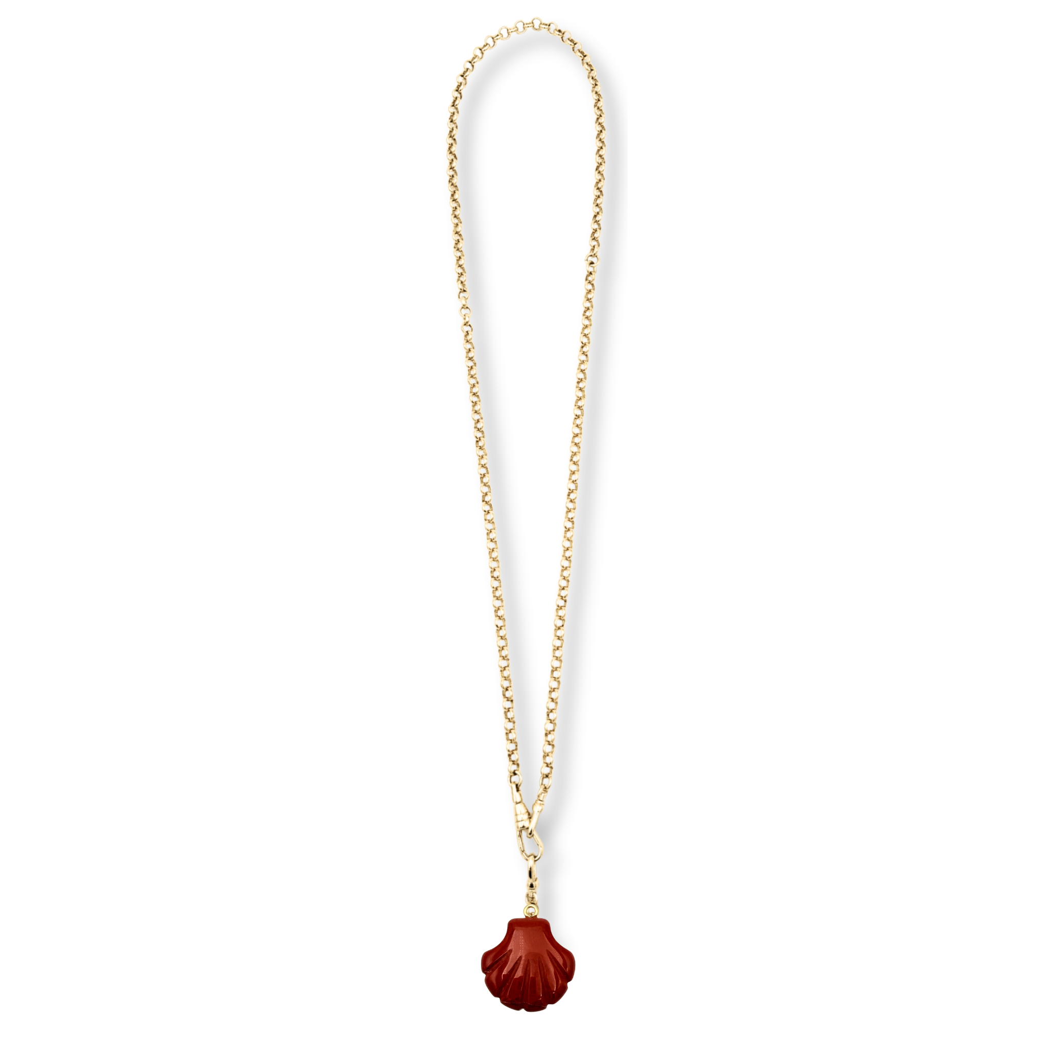 Gold rolo chain necklace with carved red agate shell pendant by HOLST+LEE