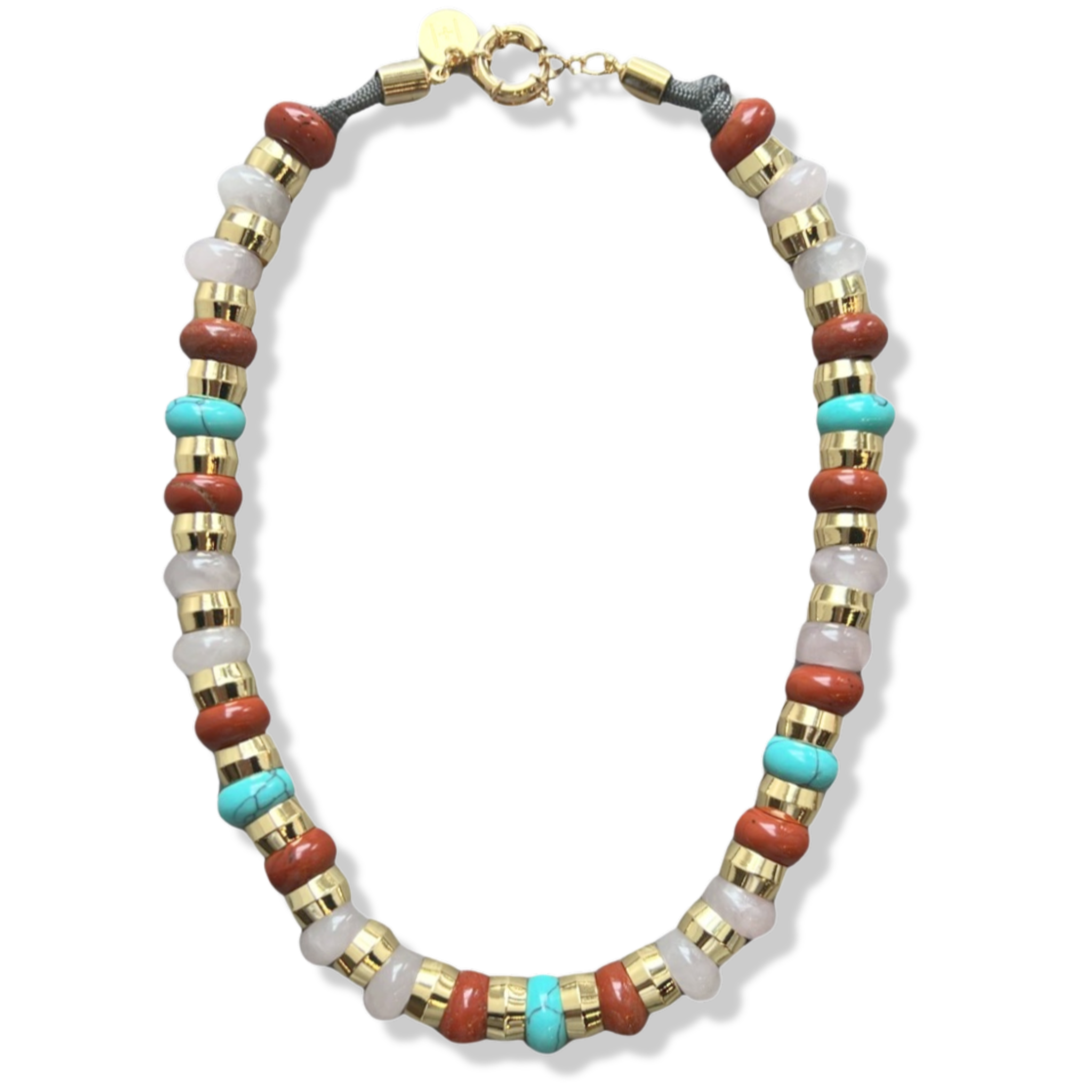 Clear, Red, Turquoise semi-precious gemstone beaded necklace with gold accents and toggle clasp by HOLST+LEE