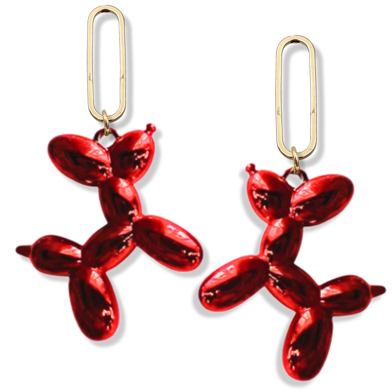 Metallic red balloon dog dangle earrings with gold paperclip oval link connector and high-shine chrome finish by HOLST+LEE