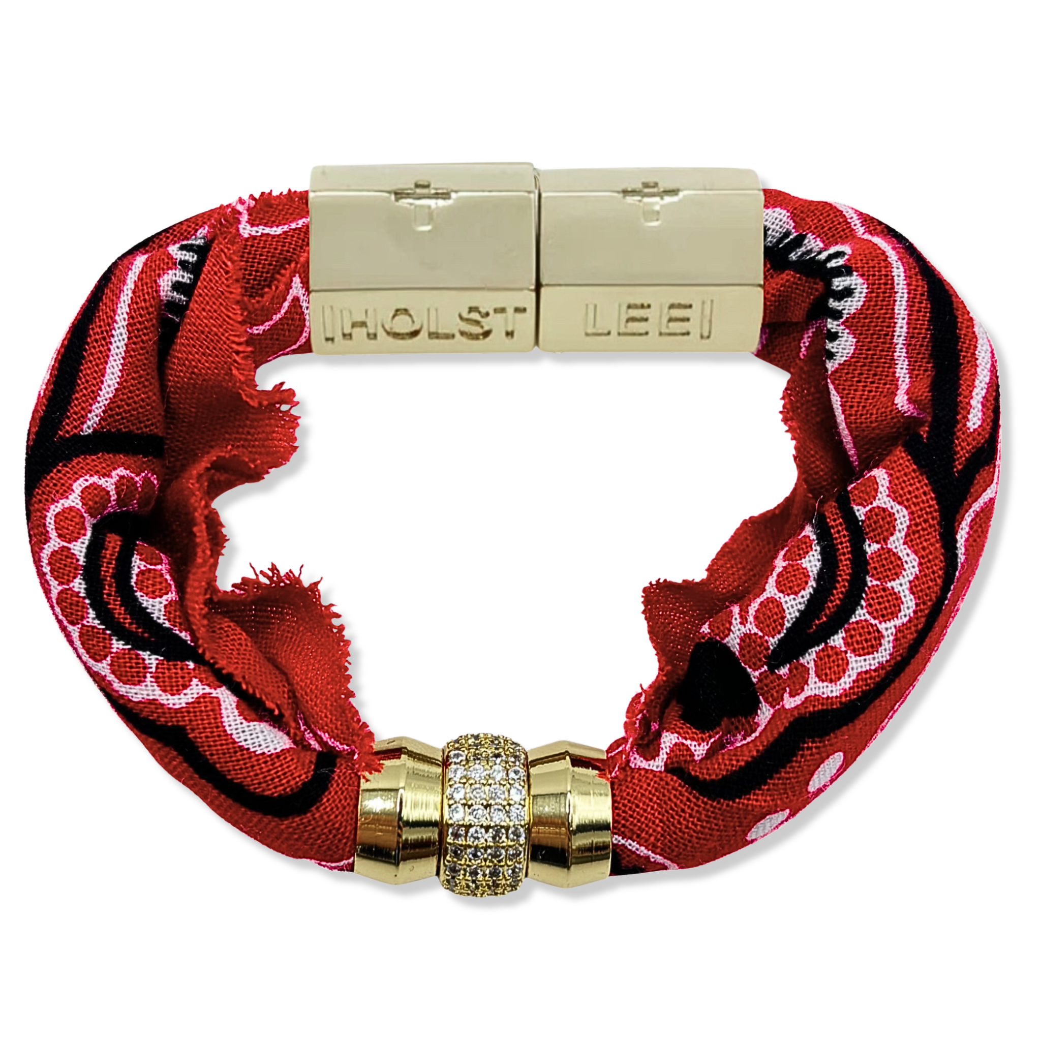 Red bandana print fabric bracelet with 18K gold-filled magnetic clasped bracelet and pavé crystal ferrule by HOLST+LEE