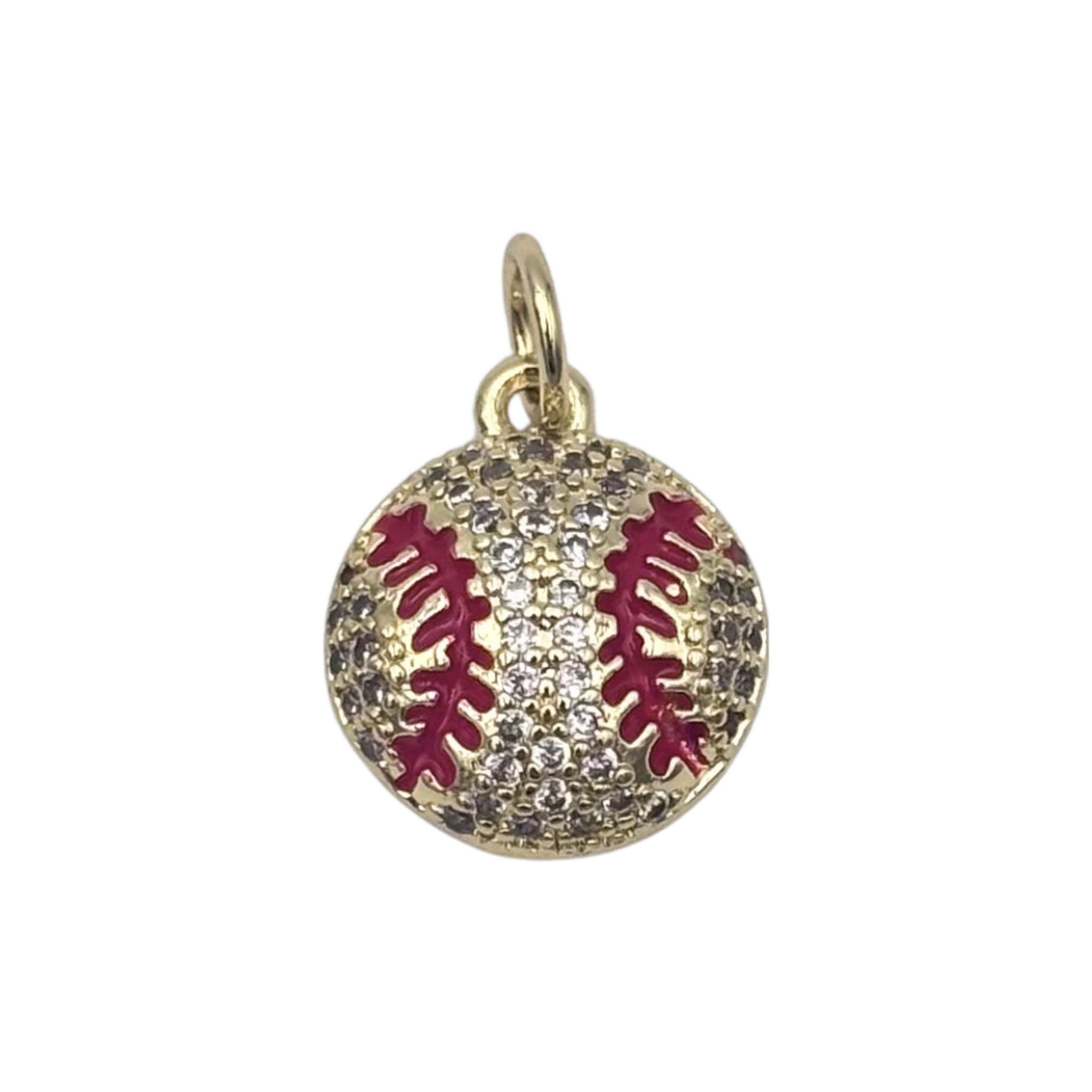 Gold baseball charm with full pavé rhinestone cover, red enamel stitch detail by HOLST+LEE