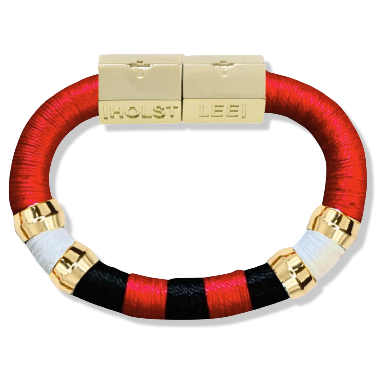 Red, black, and white colorblock thread wrapped bracelet with 18K gold-filled magnetic clasped bracelet and gold ferrule accents by HOLST+LEE