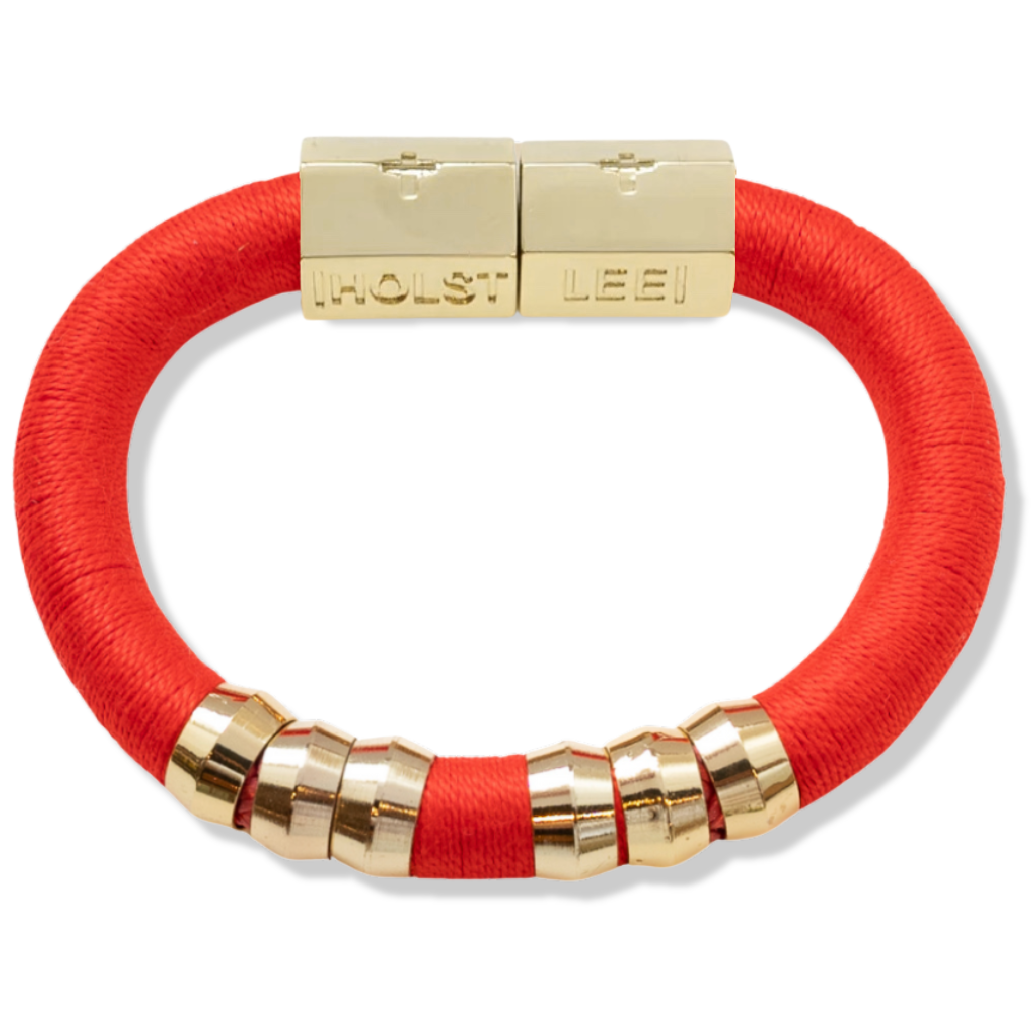 Red thread wrapped bracelet with 18K gold-filled magnetic clasped bracelet and gold ferrule accents by HOLST+LEE