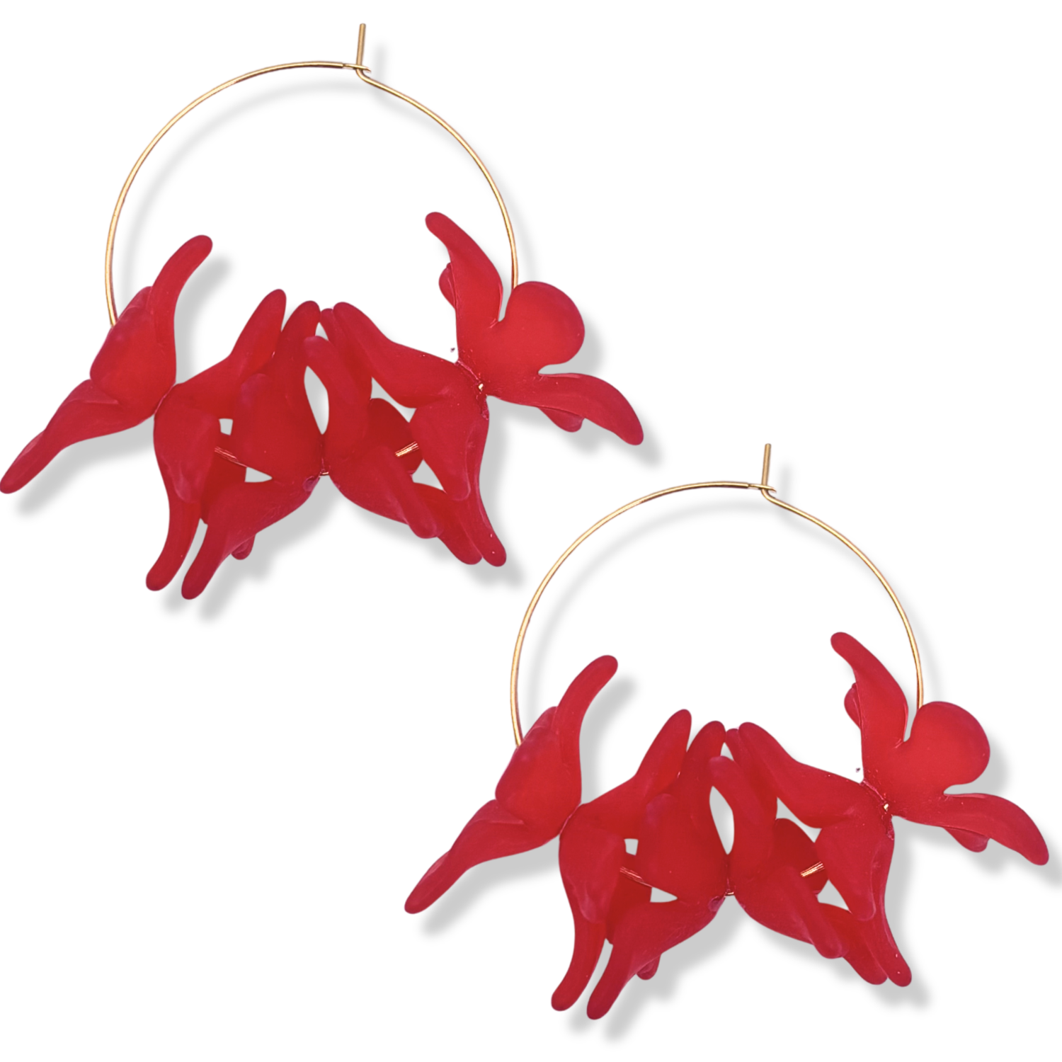 Red resin floral cluster hoop earrings with translucent red orchid-style blooms on a thin gold hoop by HOLST+LEE
