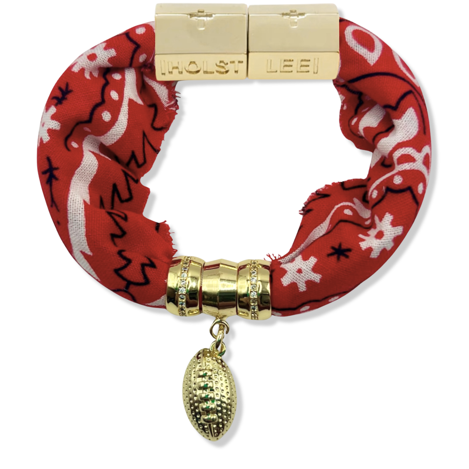 Red bandana print fabric bracelet with magnetic clasped bracelet, pavé ferrule, and 18K gold-filled football charm by HOLST+LEE