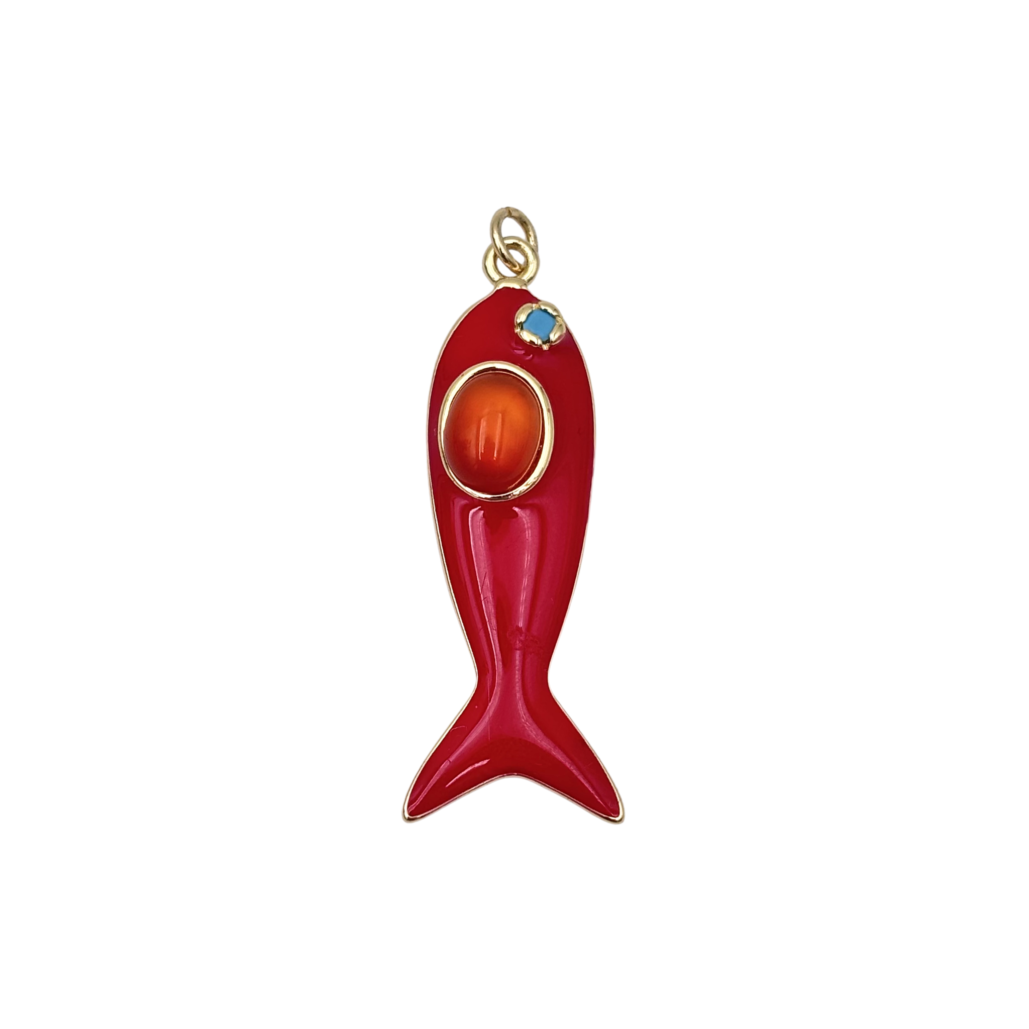 Red enamel fish pendant with a large oval orange gem body and gold accent details  by HOLST+LEE