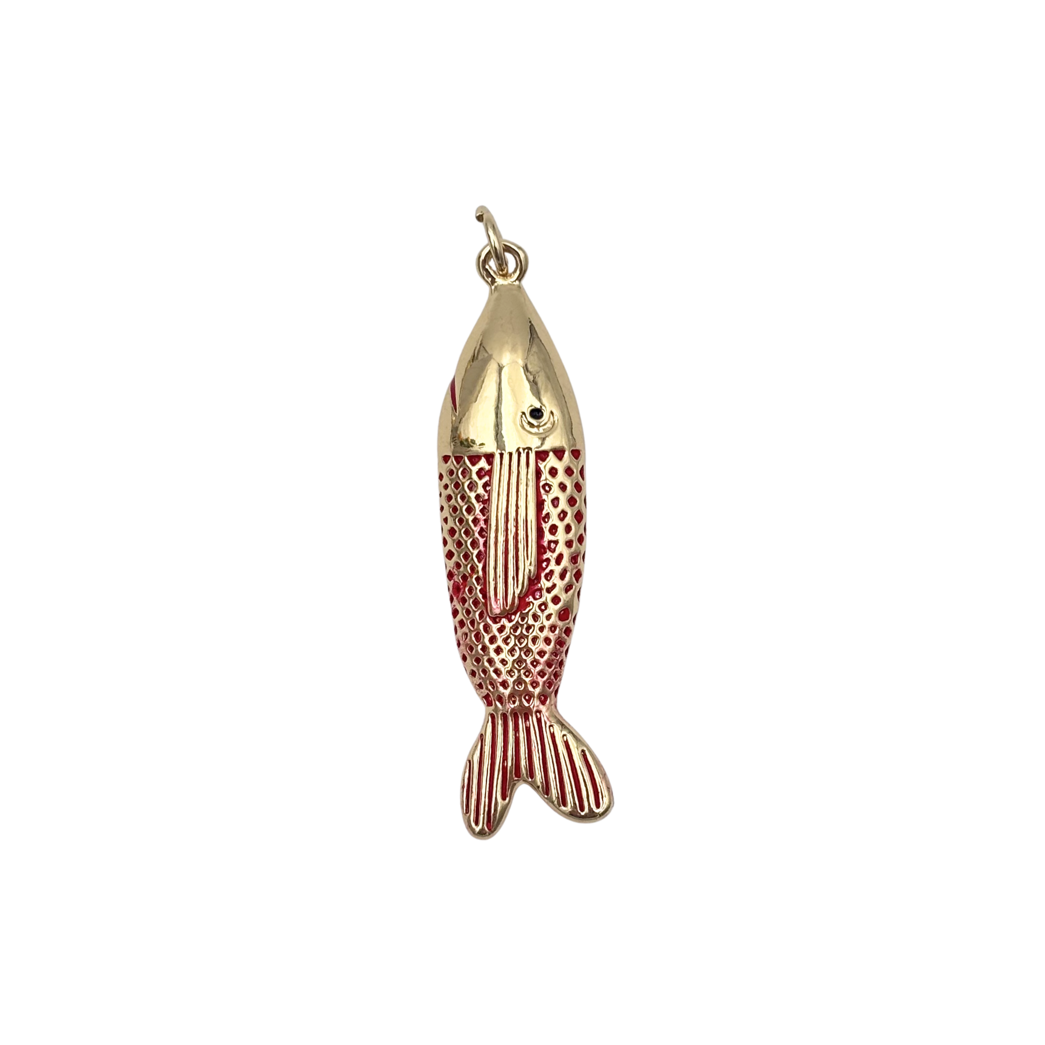 Vintage gold and red enamel fish pendant with textured scales by HOLST+LEE