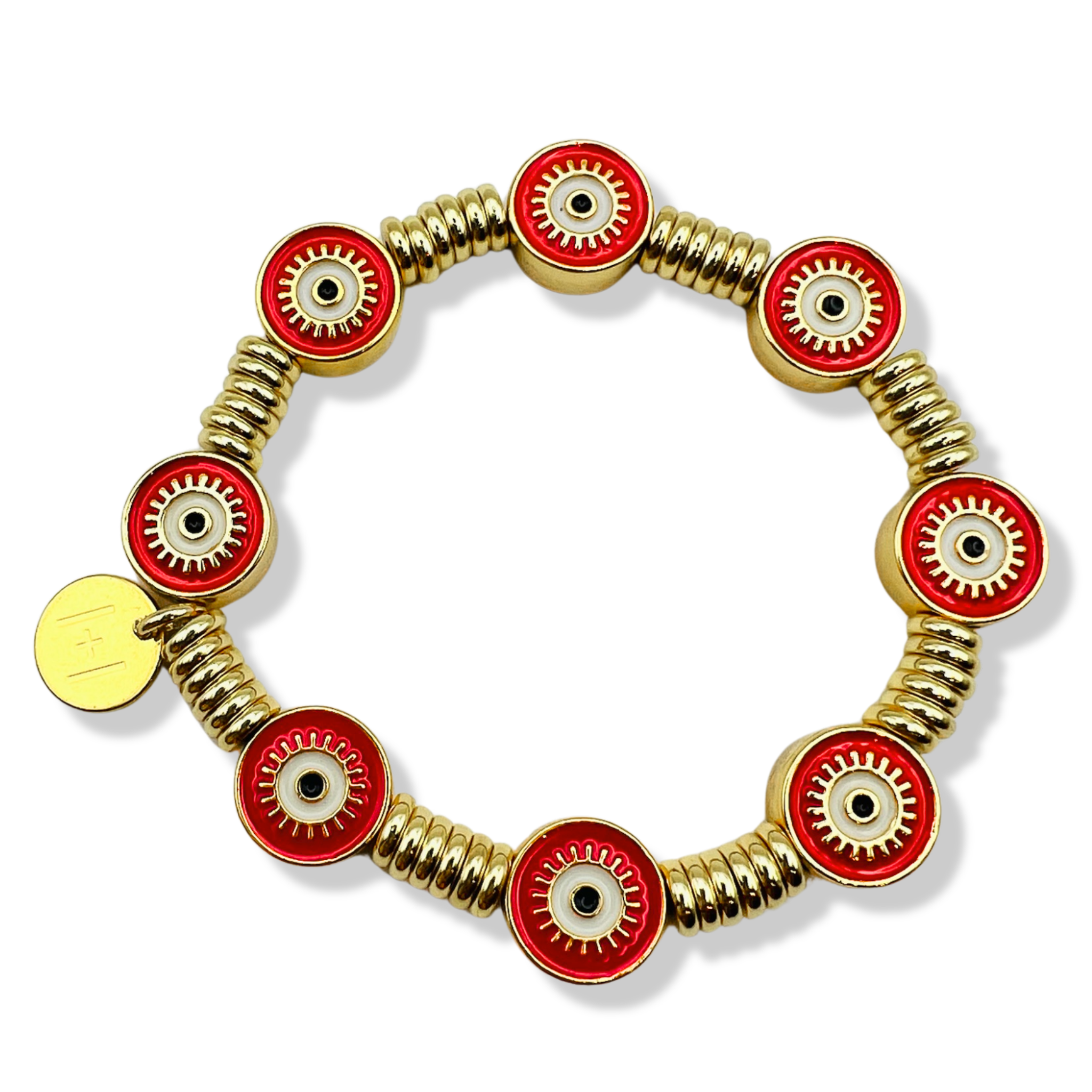 White and gold evil eye bracelet with red enamel eye beads, gold rondelle spacers by HOLST LEE