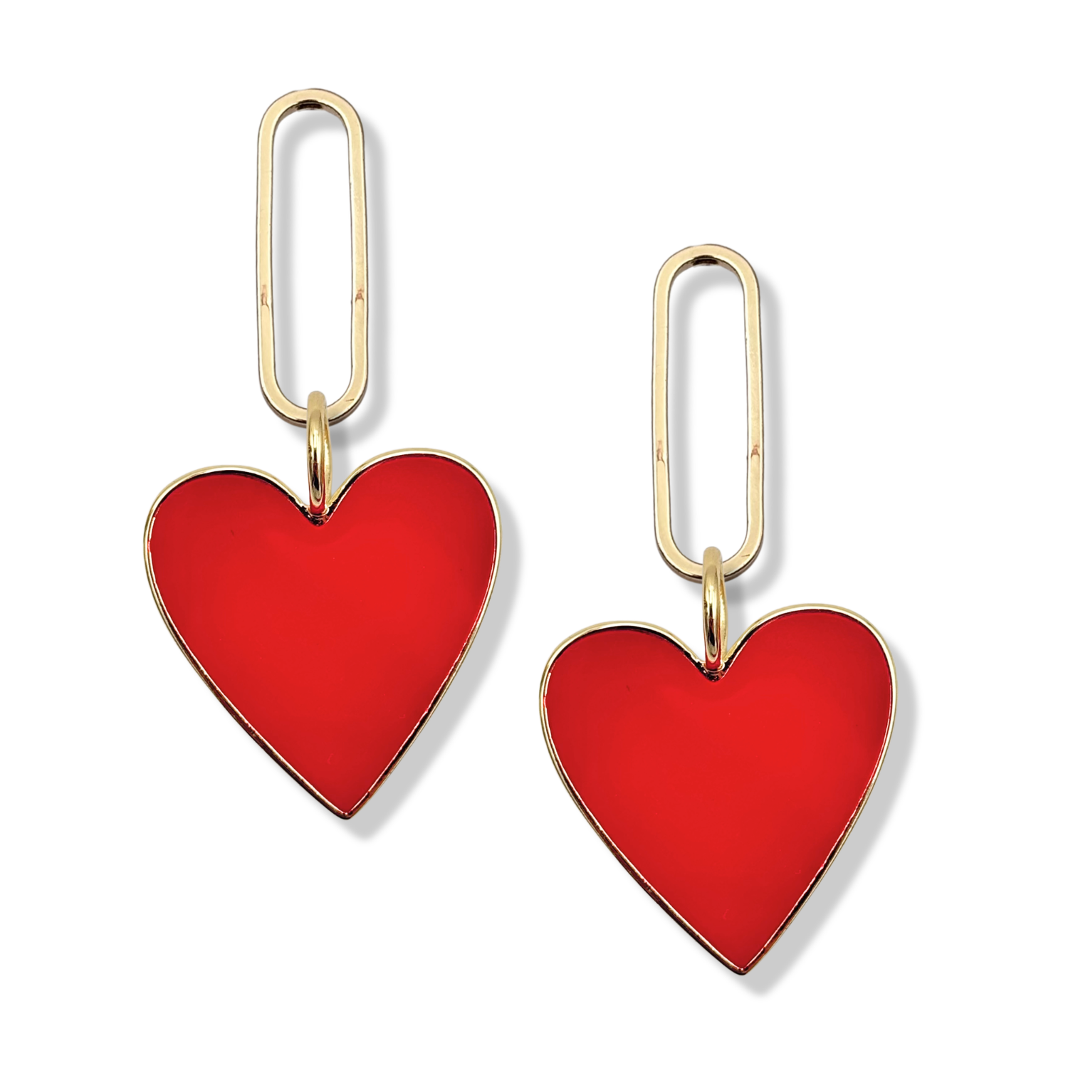 Red enamel heart dangle earrings with gold paperclip oval link topper by HOLST+LEE