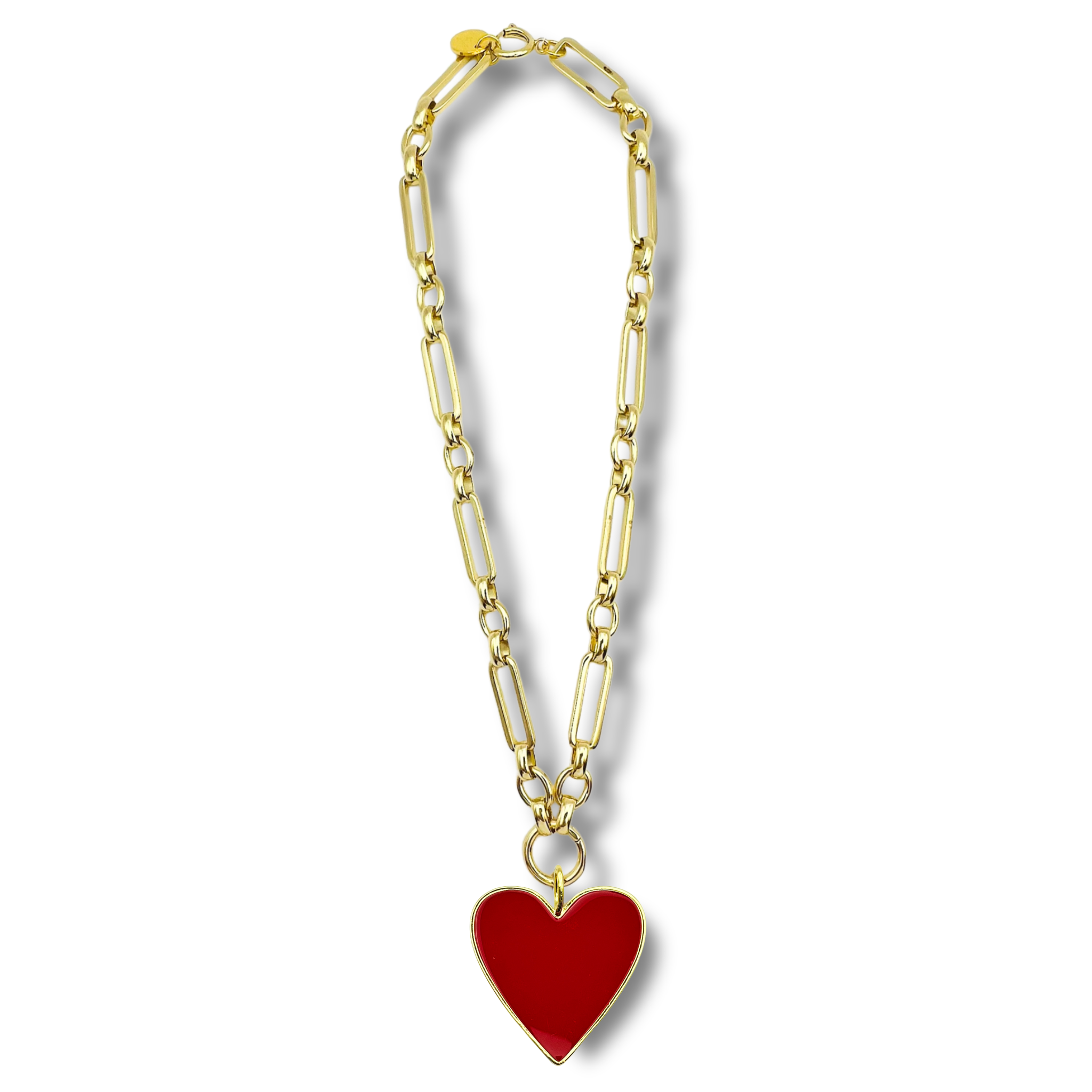 Red chunky link chain necklace with large gold heart pendant by HOLST+LEE