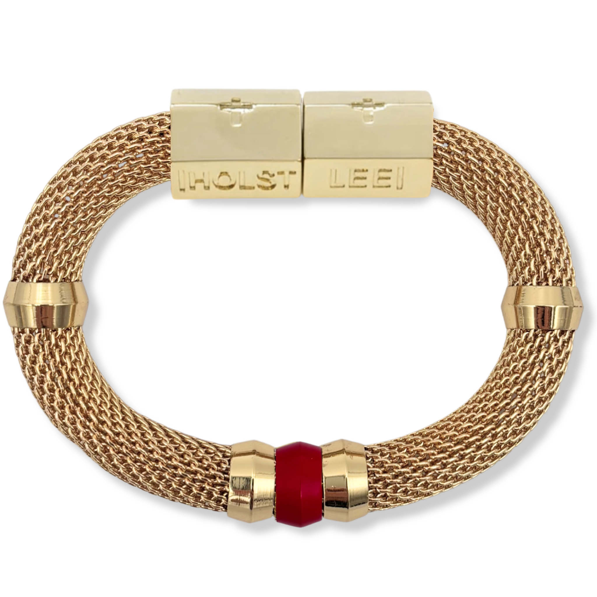 Gold woven mesh bracelet with red ferrule accent and 18K gold-filled magnetic clasped bracelet by HOLST+LEE