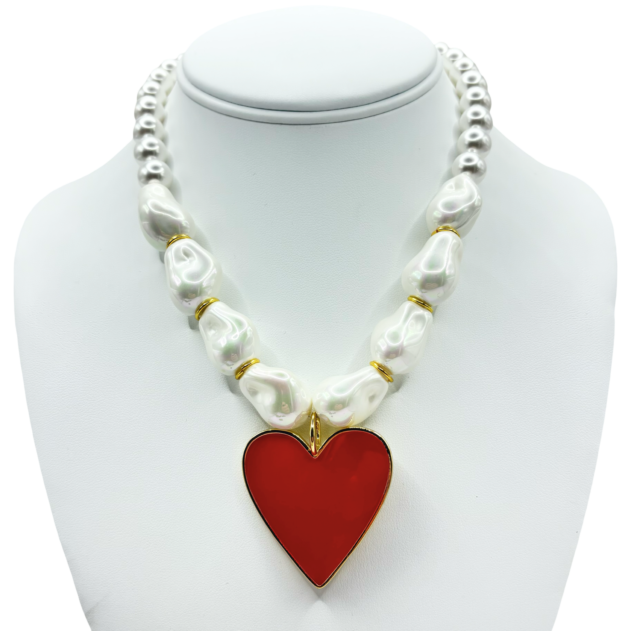 Faux pearl necklace with a red heart pendant with gold accents by HOLST+LEE