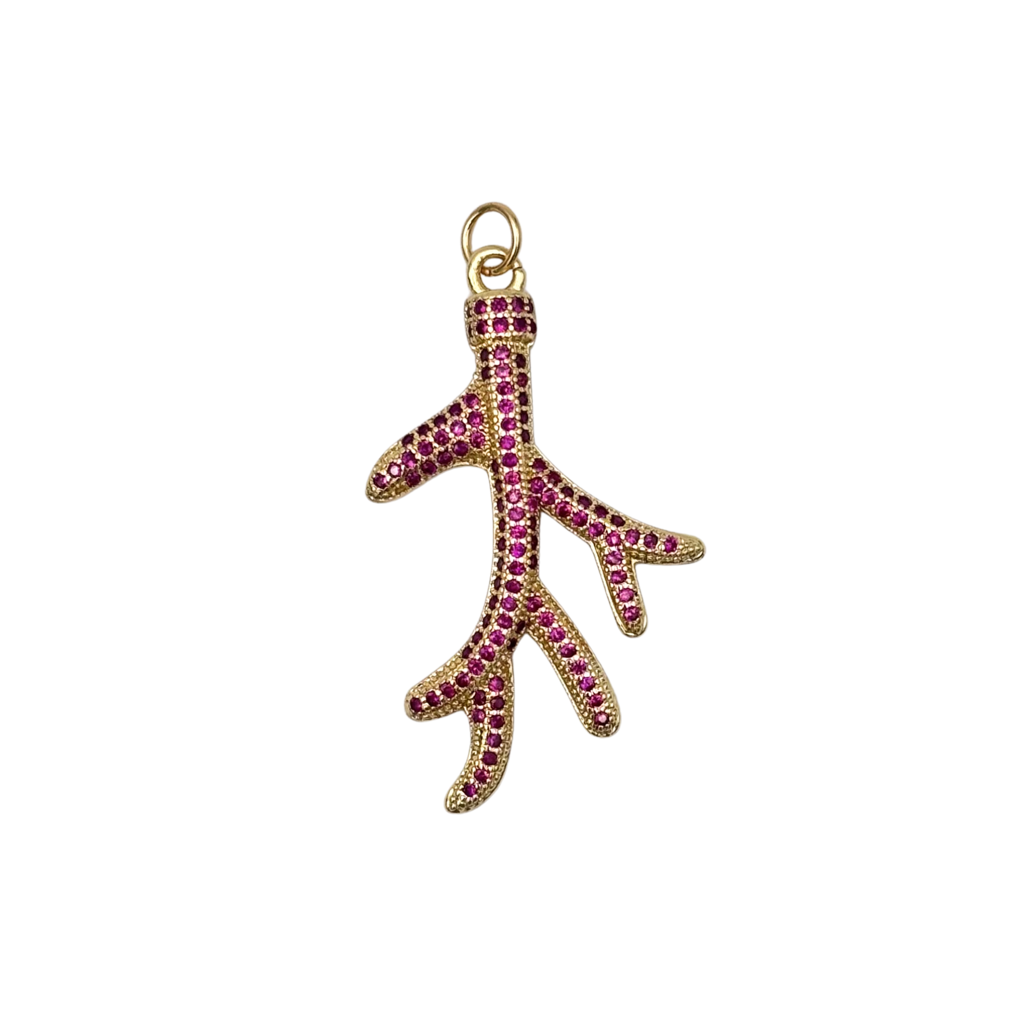 Gold coral branch charm with fully pavé set ruby red rhinestones throughout by HOLST+LEE