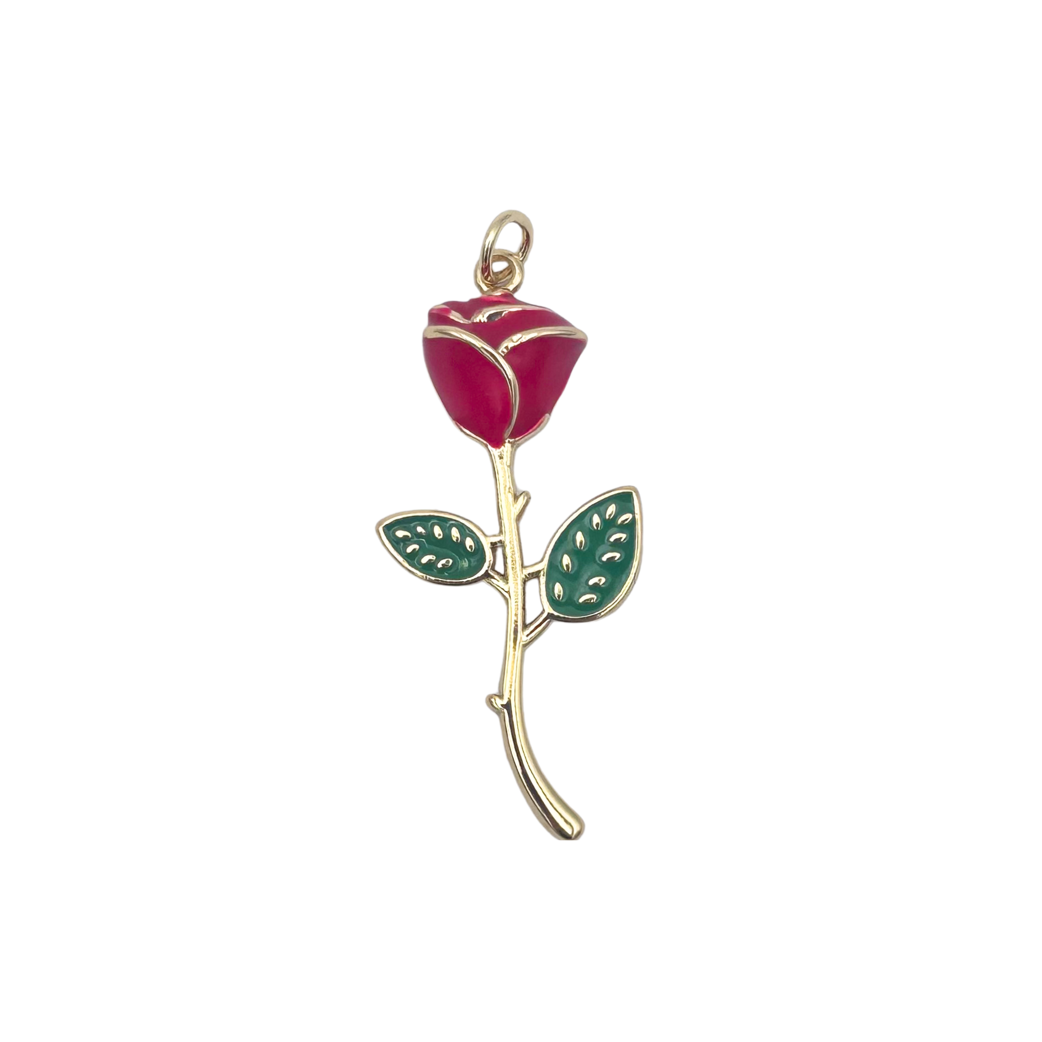 Gold stem rose pendant with red enamel bloom, green enamel leaves by HOLST+LEE
