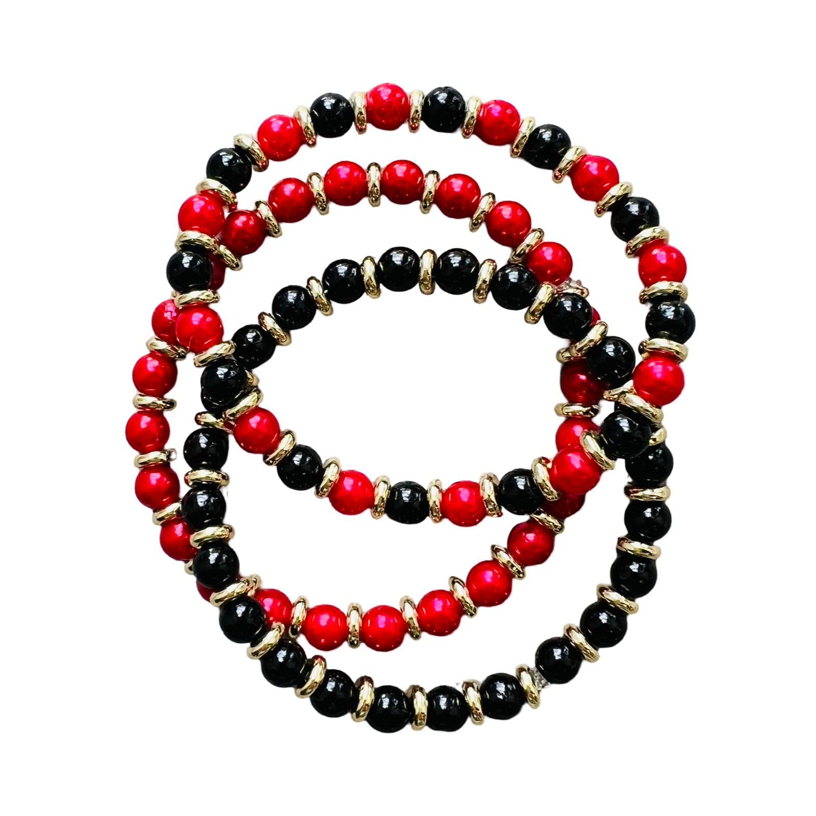 Bracelet set with a combination of red and black beads and gold-filled hardware by HOLST+LEE