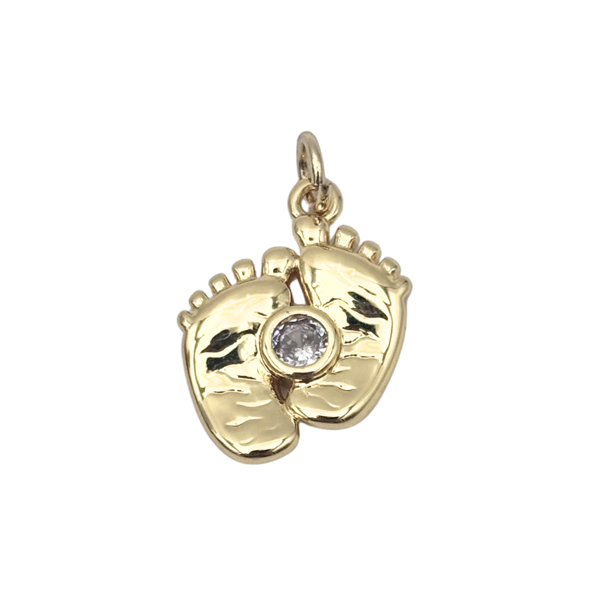 Gold baby feet charm with rhinestone diamond center stone by HOLST+LEE