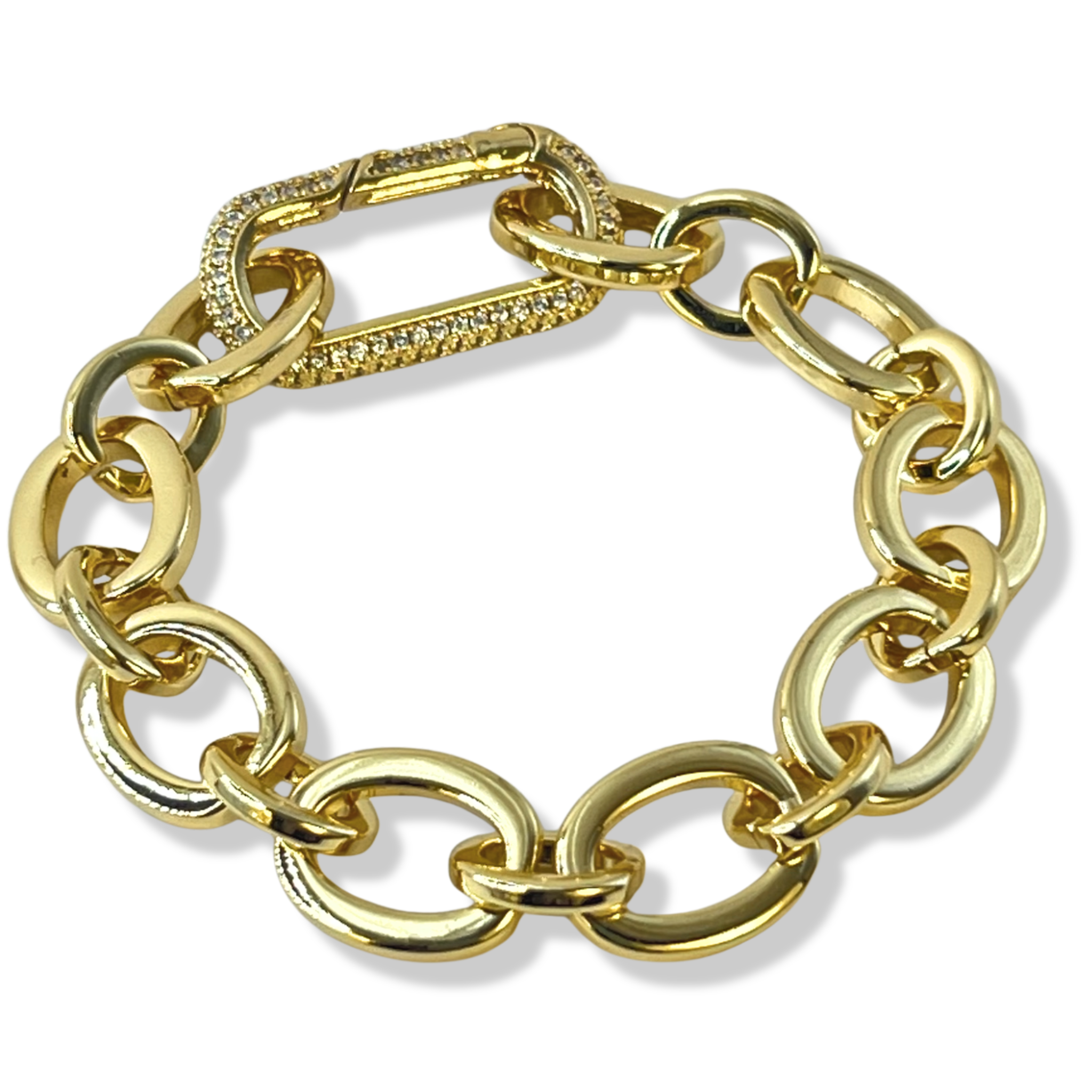 Chunky gold oval link bracelet with pavé rhinestone carabiner clasp by HOLST+LEE