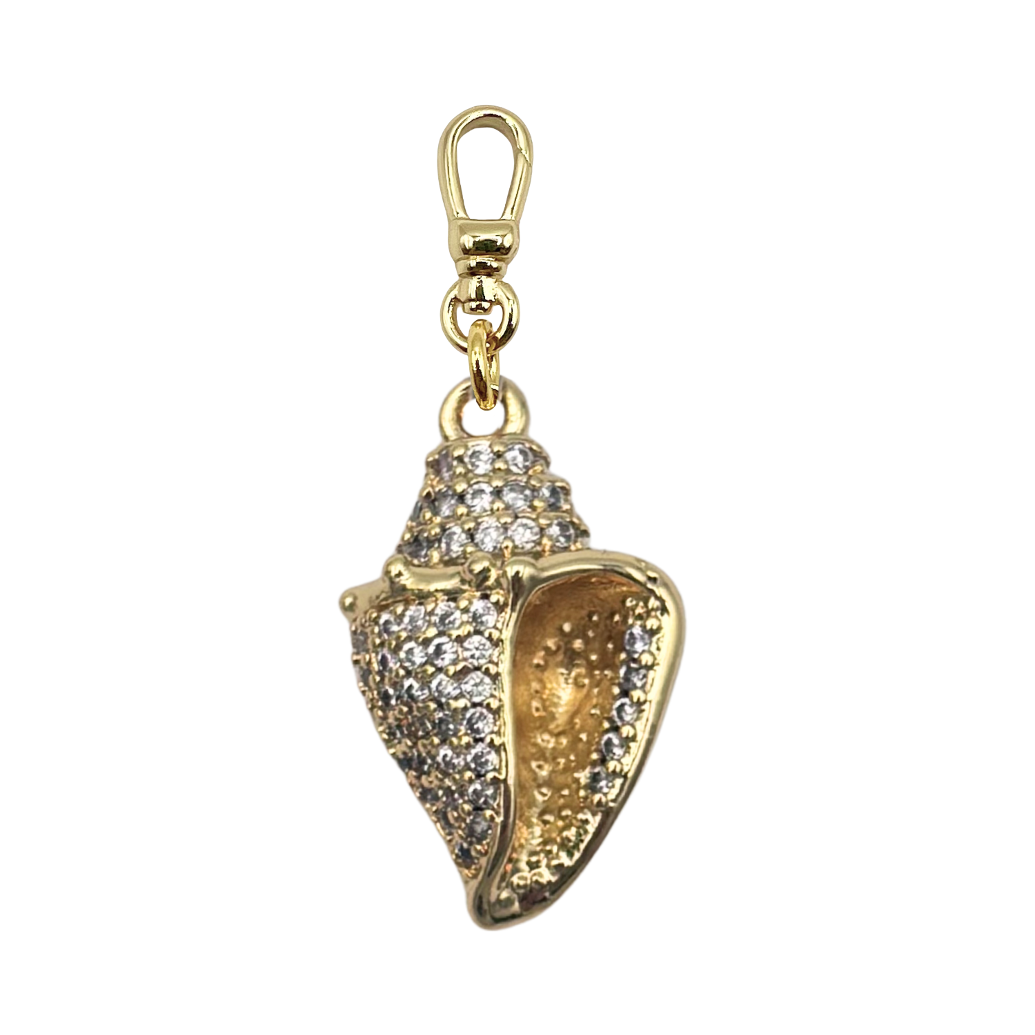 Gold shell pendant with pave encrusted rhinestone with gold charm clip by HOLST+LEE