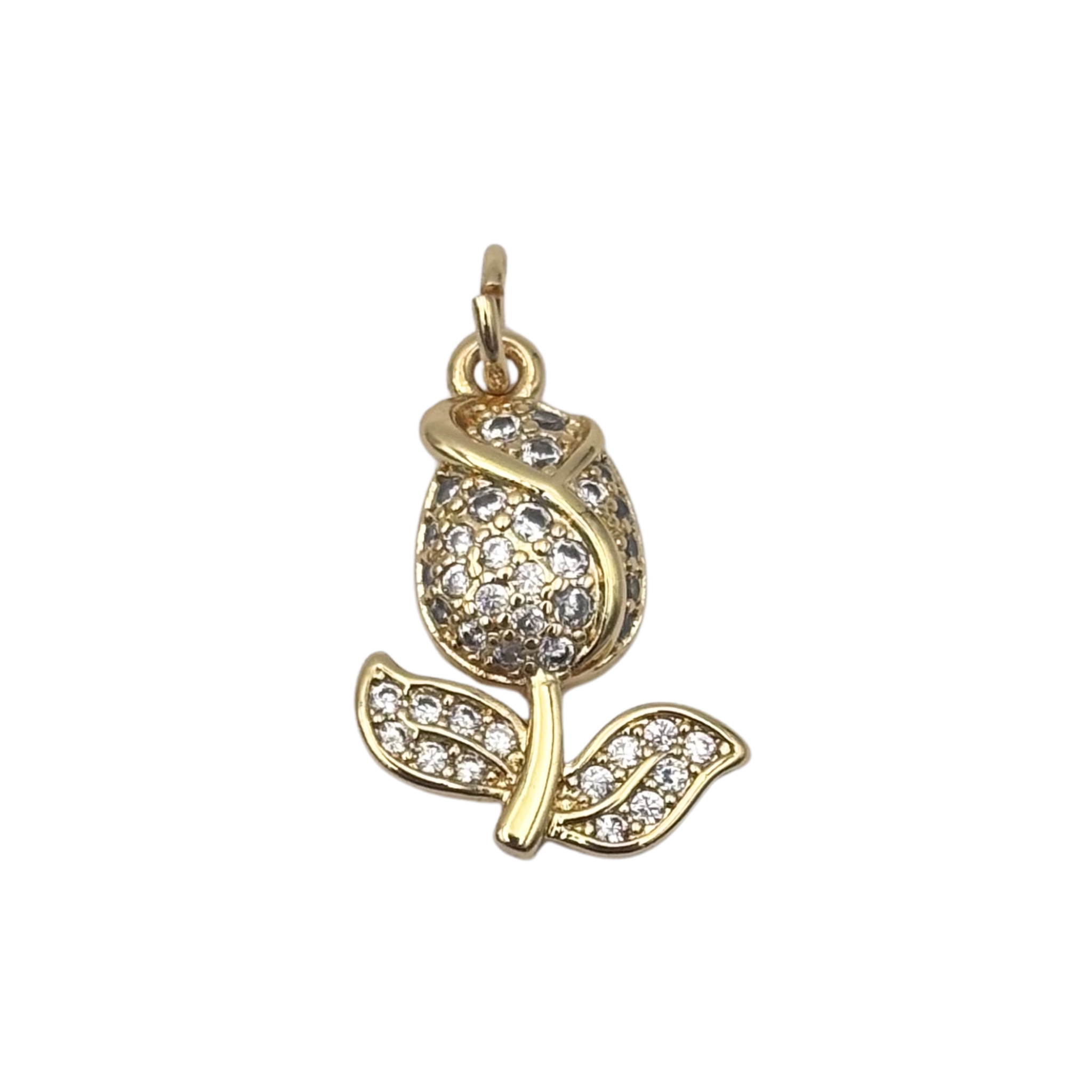 Gold rose bud pendant with fully pavé crystal bloom crystal-set leaves by HOLST+LEE