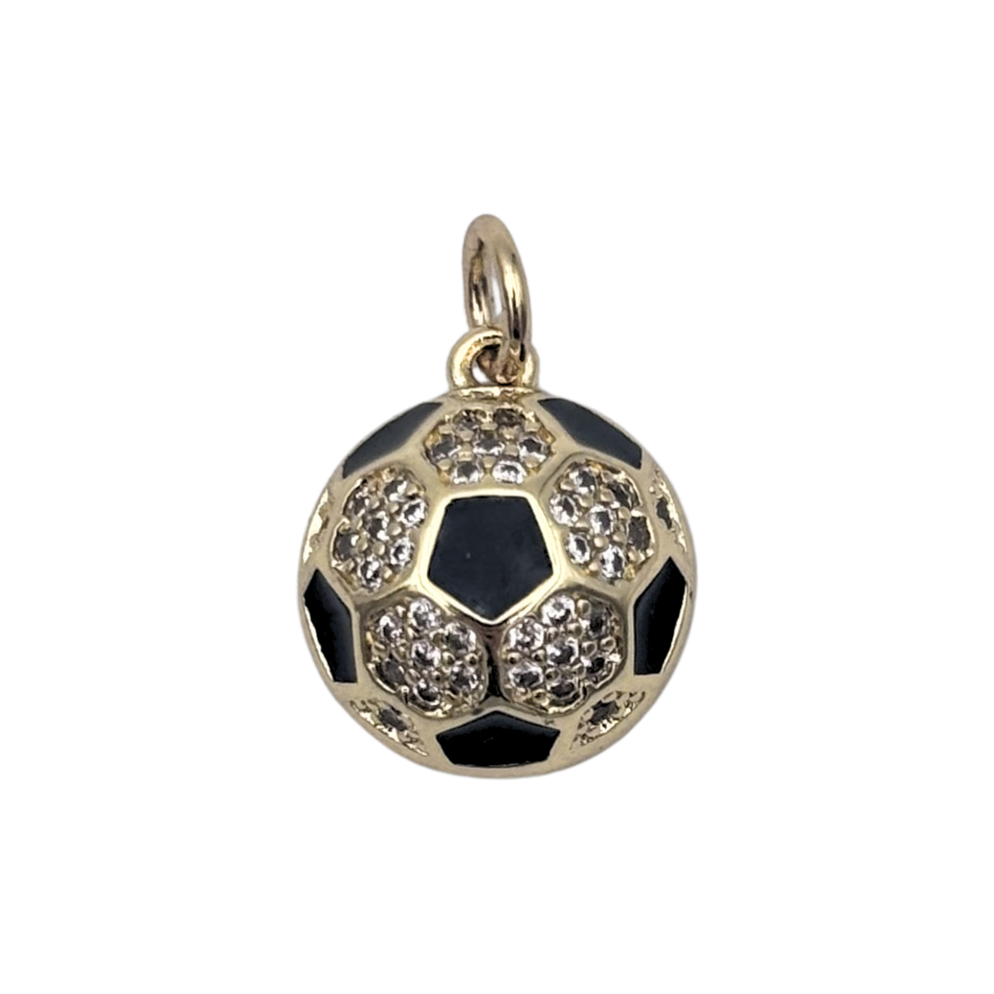Polished gold soccer ball charm with pave rhinestone and black enamel pentagon panels by HOLST LEE