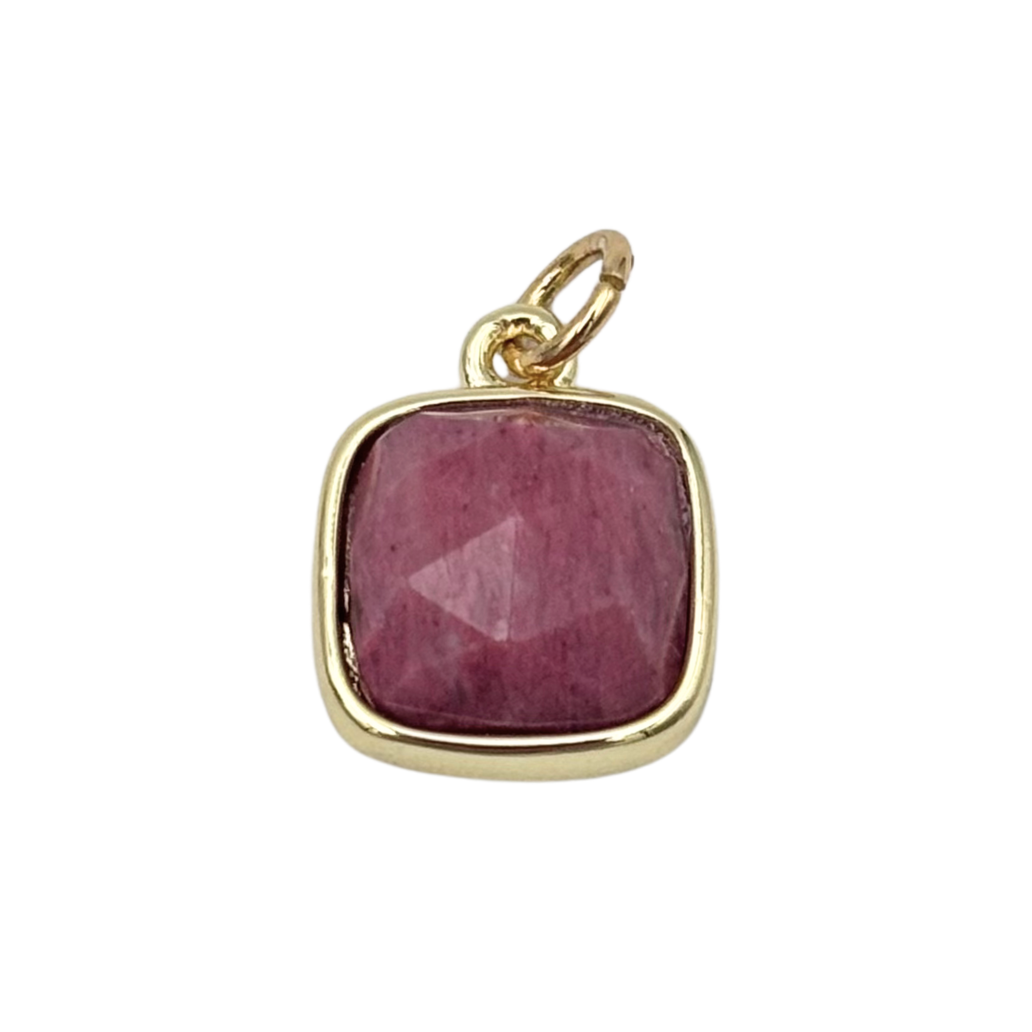 Gold cushion-bezel pendant with faceted rhodenite stone by HOLST+LEE