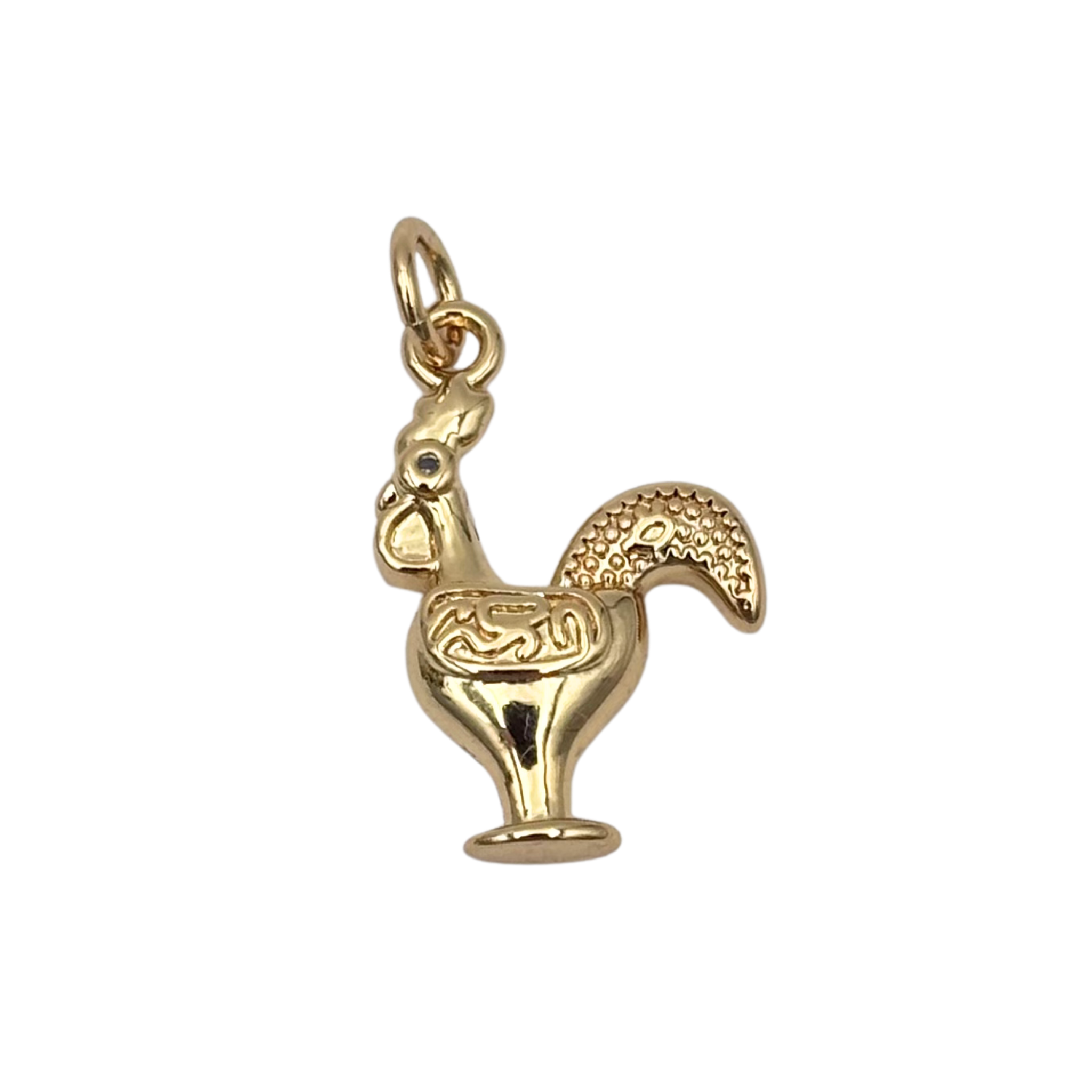 Gold rooster charm and rhinestone eye with textured finish by HOLST+LEE