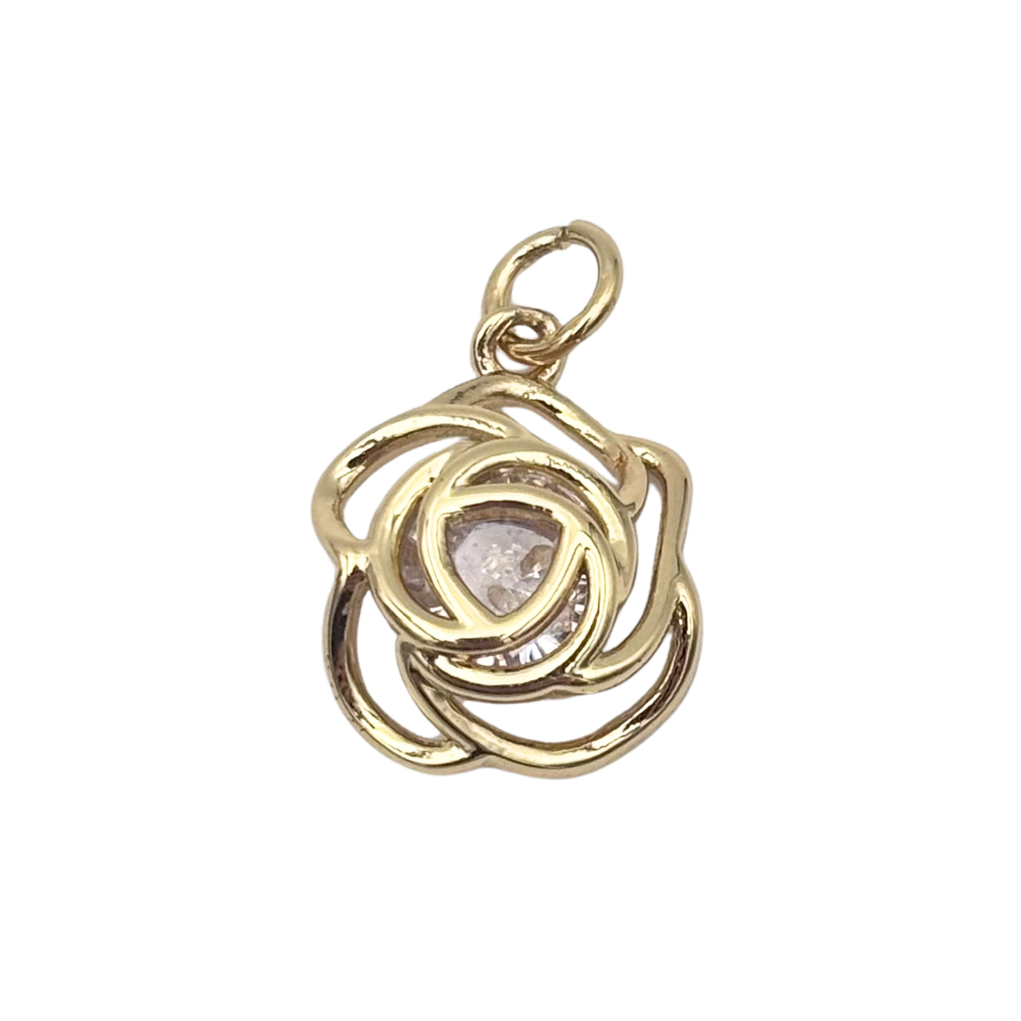 Gold open rosebud pendant with swirling petal layers, rhinestone center by HOLST+LEE