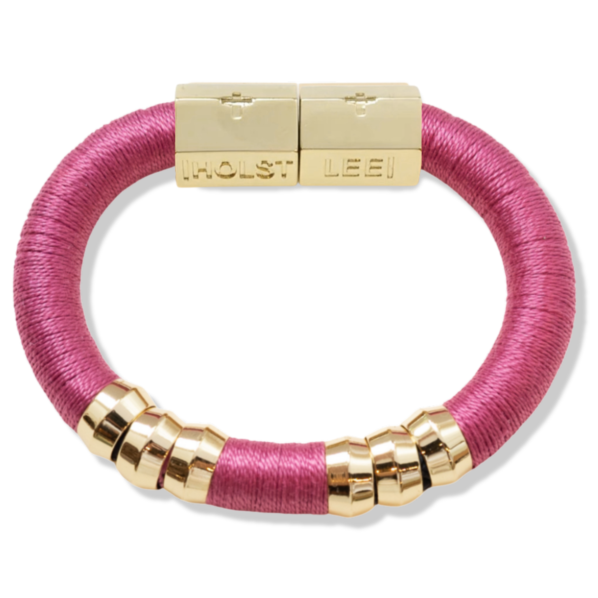 Rose pink thread wrapped bracelet with 18K gold-filled magnetic clasped bracelet and gold ferrule accents by HOLST+LEE