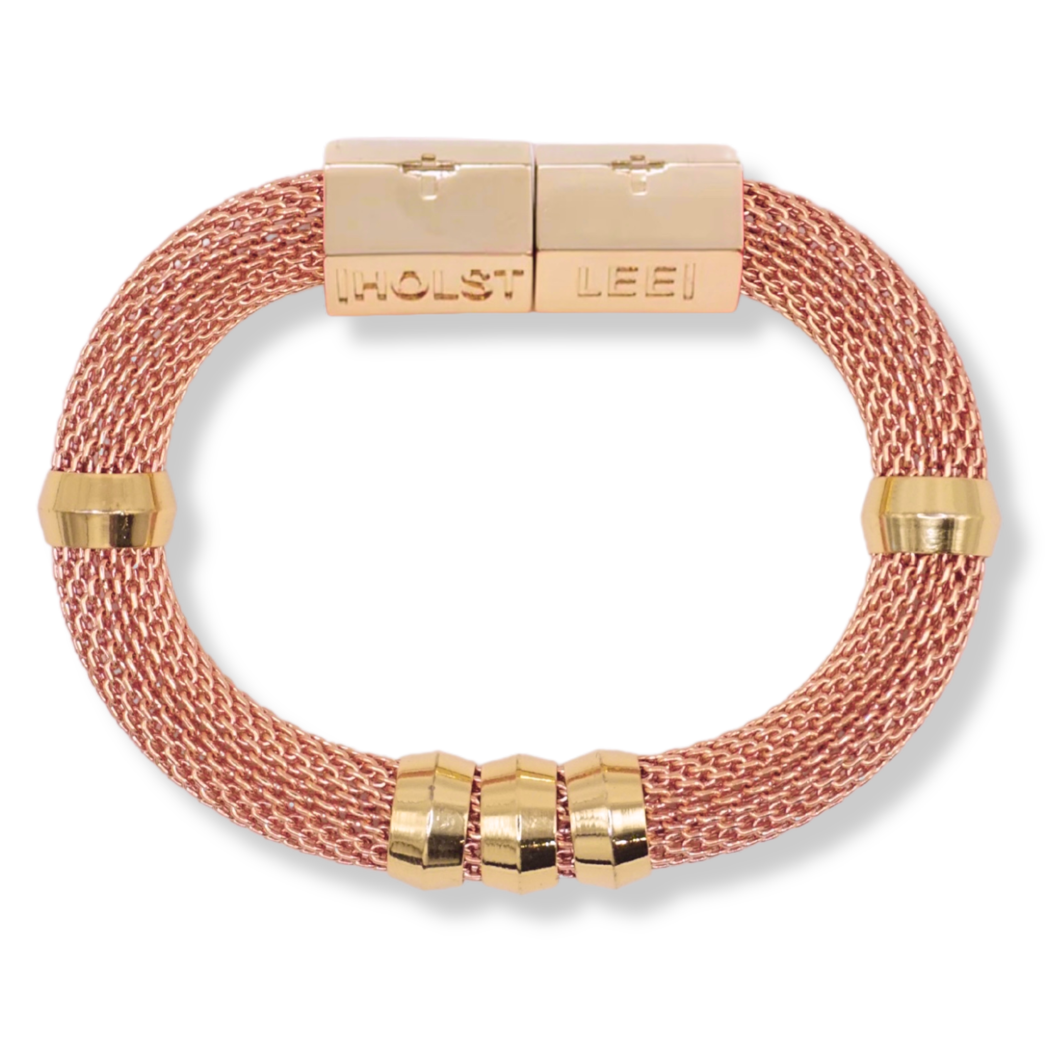 Rose gold woven mesh bracelet with 18K gold-filled magnetic clasped bracelet and ferrule accents by HOLST+LEE