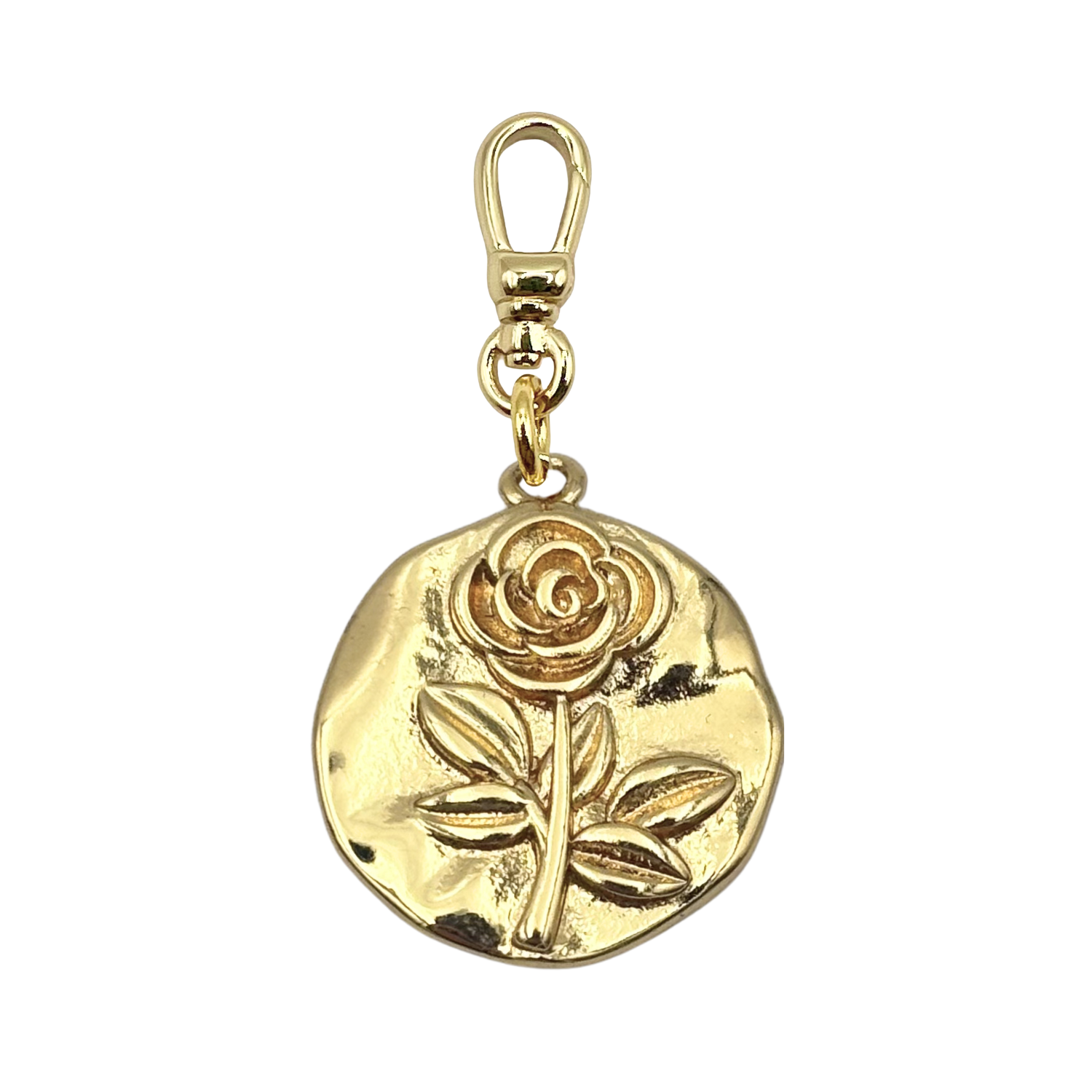Gold rose medallion charm with embossed rose stem and hammered coin finish with charm clip by HOLST+LEE