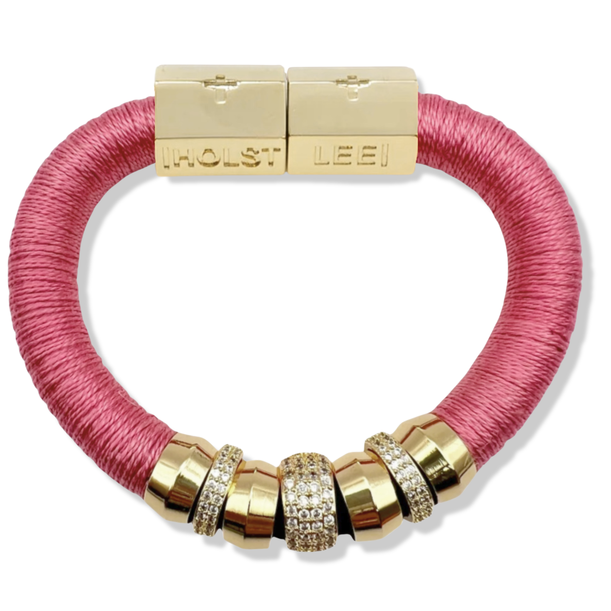 Rose pink thread wrapped bracelet with 18K gold-filled magnetic clasped bracelet and pavé crystal ferrule stack by HOLST+LEE