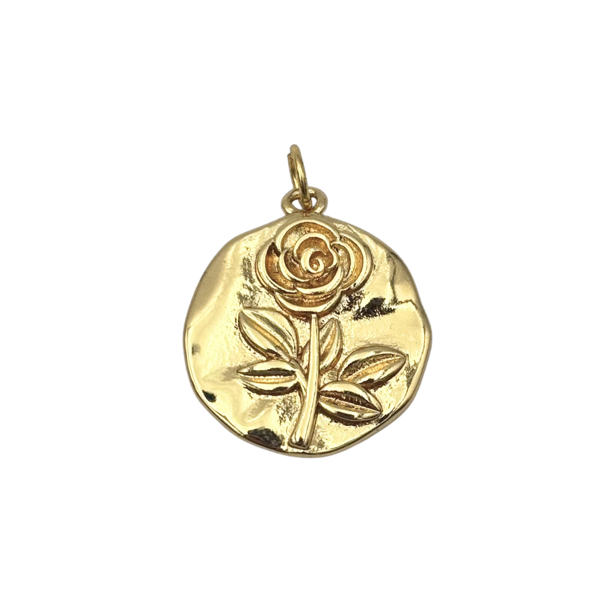 Gold rose medallion charm with embossed rose stem and hammered coin finish by HOLST+LEE