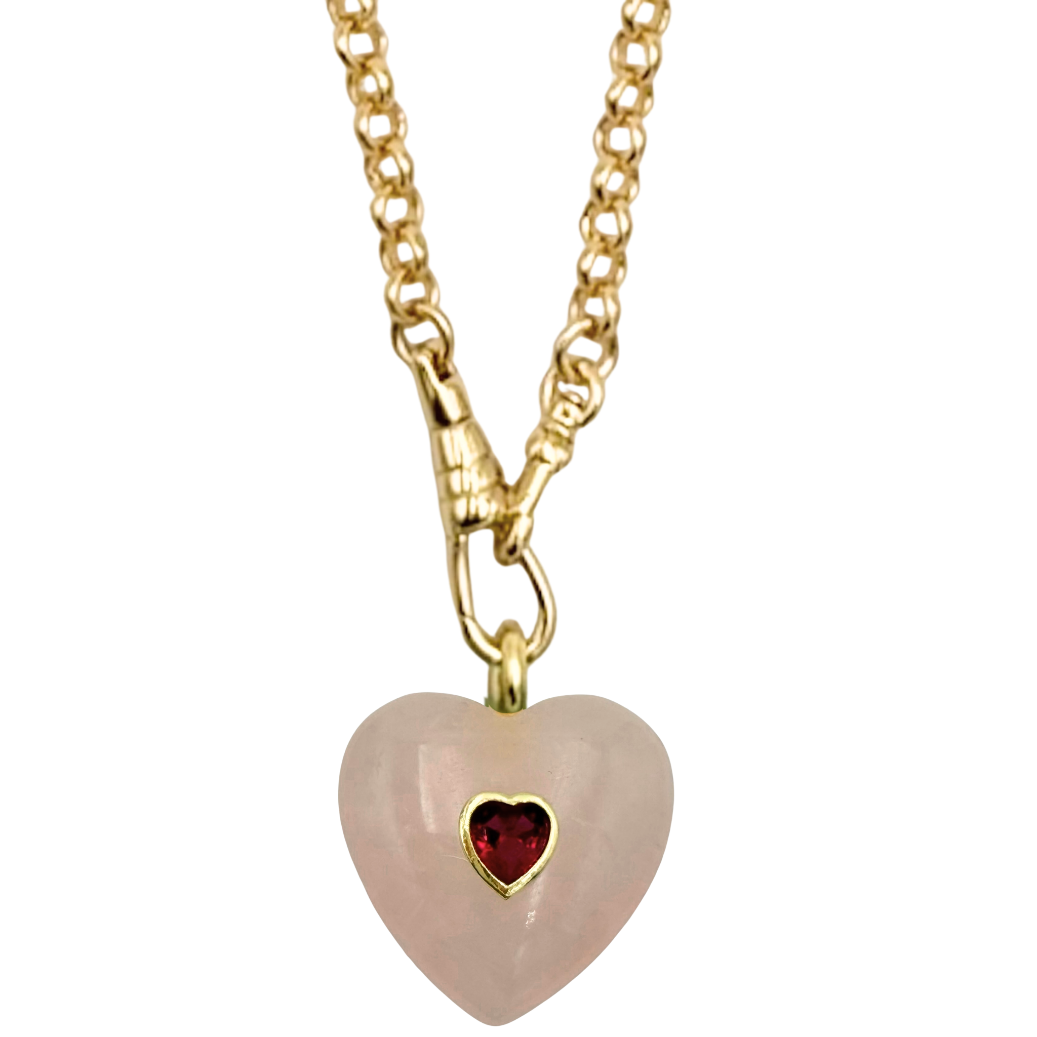 Gold rolo chain necklace with rose quartz heart pendant by HOLST+LEE