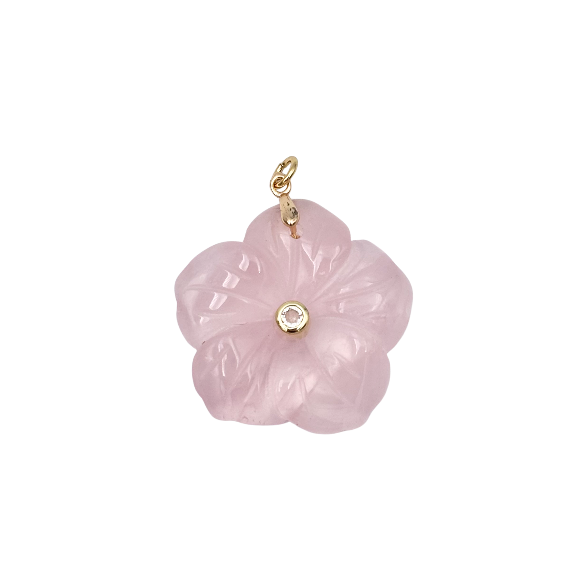 Pink rose quartz semi-precious flower pendant with rhinestone center piece by HOLST+LEE